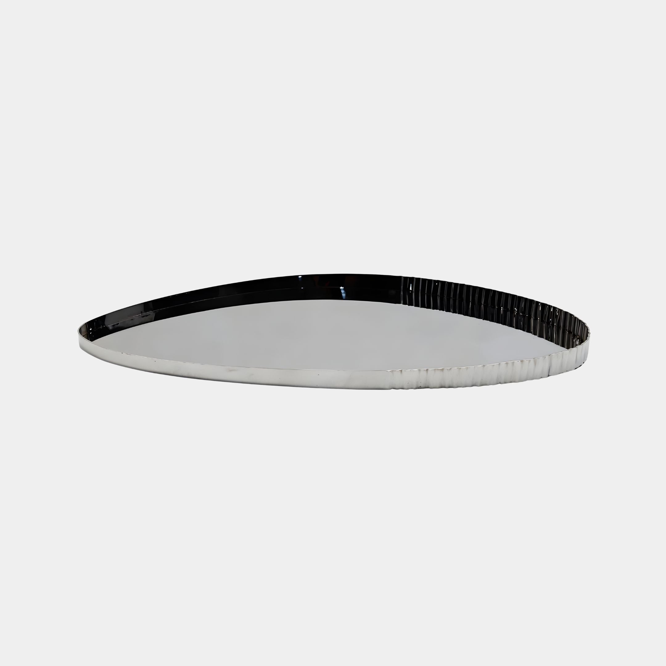 Mirror-Polished Chrome Elliptical Metal Tray Sculpture 85cm by Giant Sculptures, low-profile leaf form with fluted rim, shown side-on against a light background.