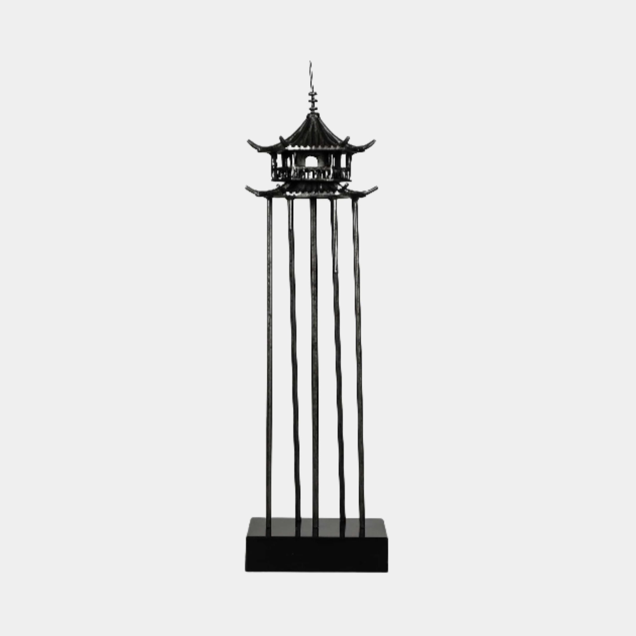 Black Single-Tier Pavilion Tower Metal Sculpture by Giant Sculptures, 85cm, with a detailed pagoda roof raised on slender legs above a rectangular base.