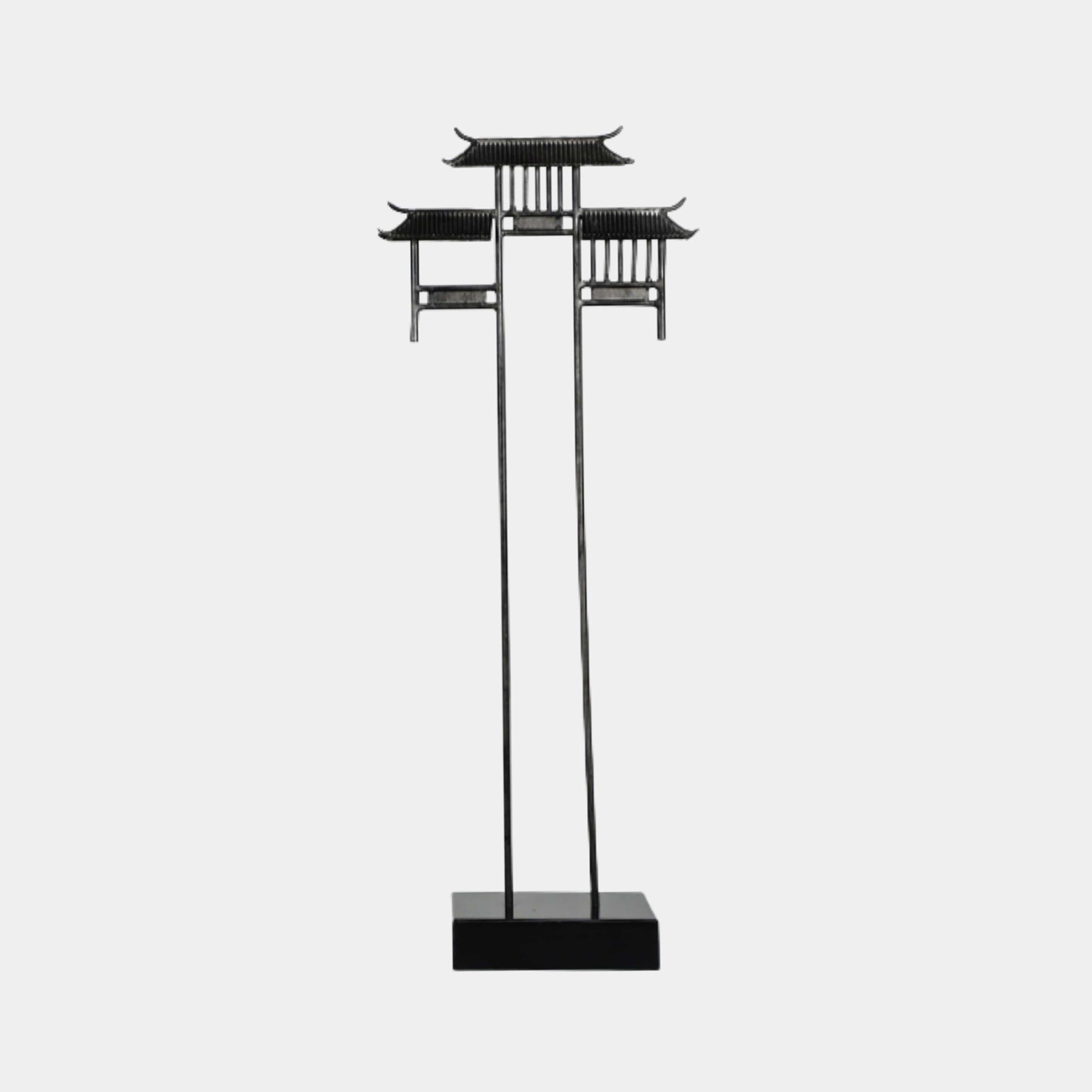 Black Multi-Roof Pavilion Arch Metal Sculpture by Giant Sculptures, 97cm, featuring three tiered pagoda rooftops on slim poles with a rectangular base.