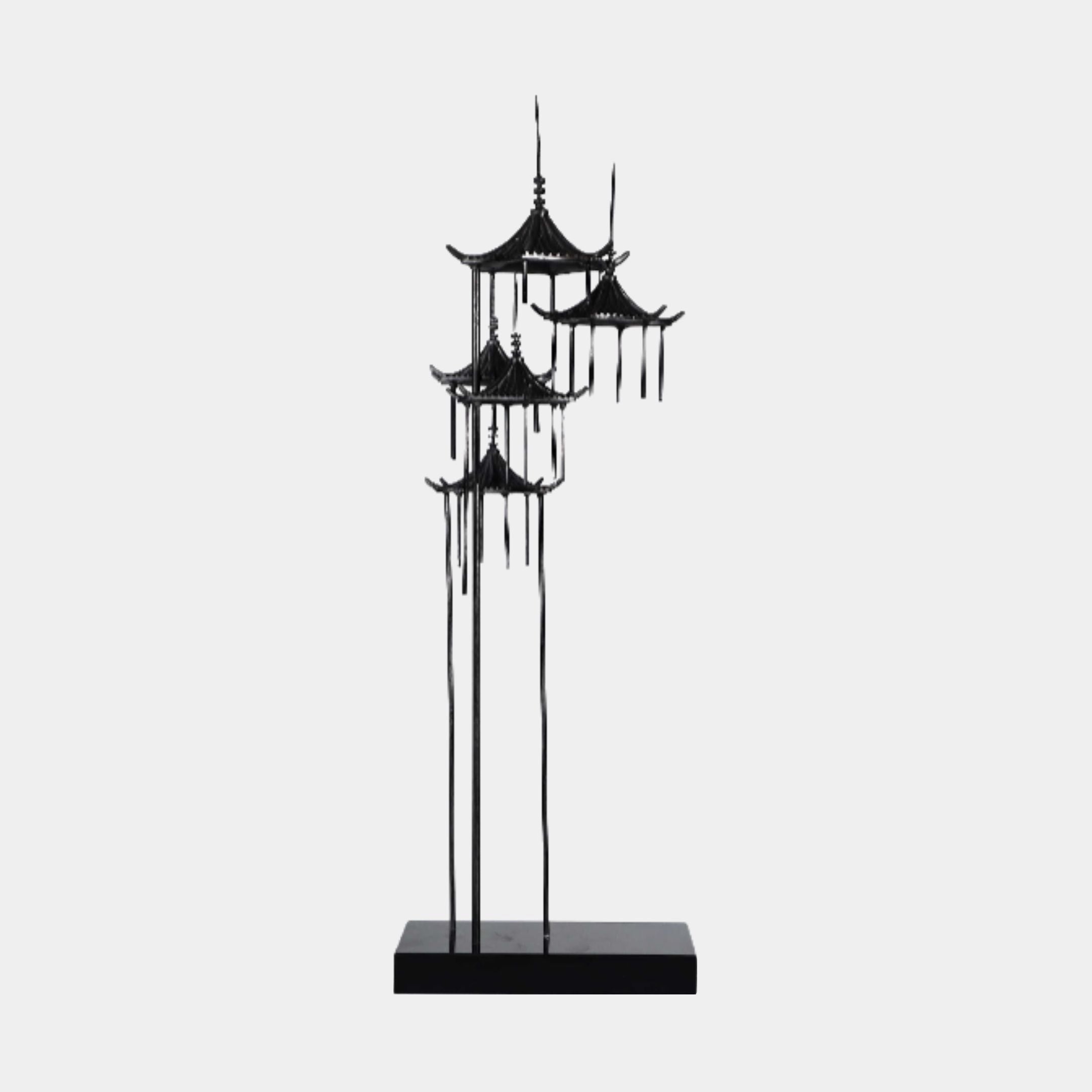 Black Cascading Multi-Tiered Pagoda Metal Sculpture by Giant Sculptures, 130cm, featuring tiered rooflines with upturned eaves on slender stems and a rectangular base.