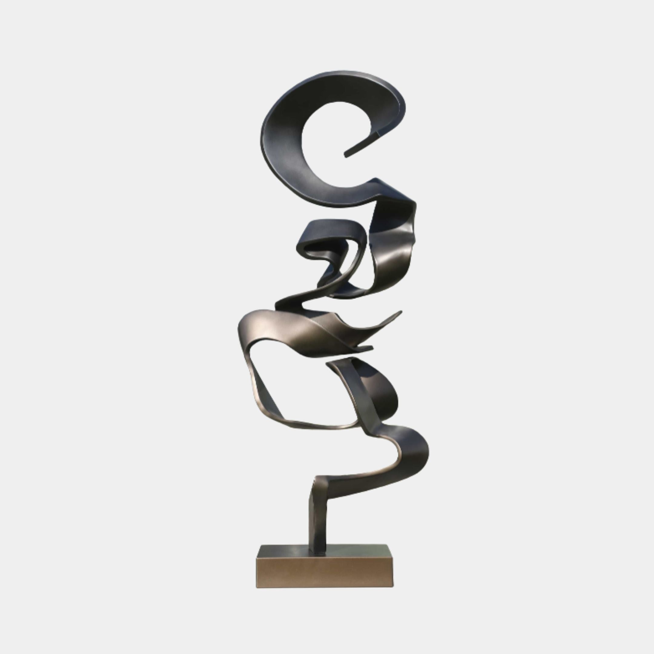 Giant Sculptures Black Abstract Spiral Ribbon Metal Sculpture 80cm with coiling gunmetal ribbon forms rising from a brass-gold plinth on a plain background.