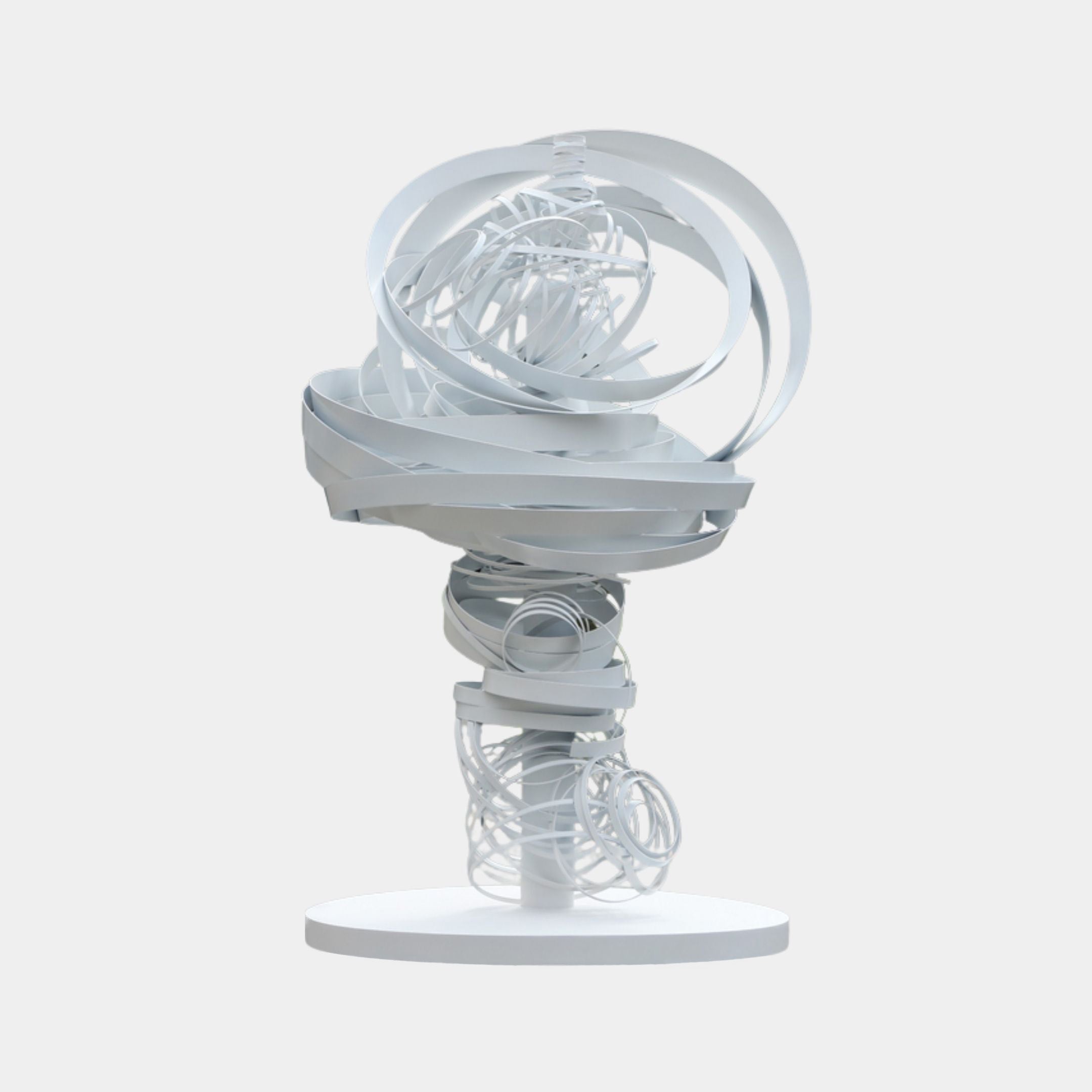 White Swirling Ribbon Vortex Metal Sculpture 160cm by Giant Sculptures, with coiled ribbons and wire loops forming a spherical cloud on a round white base.