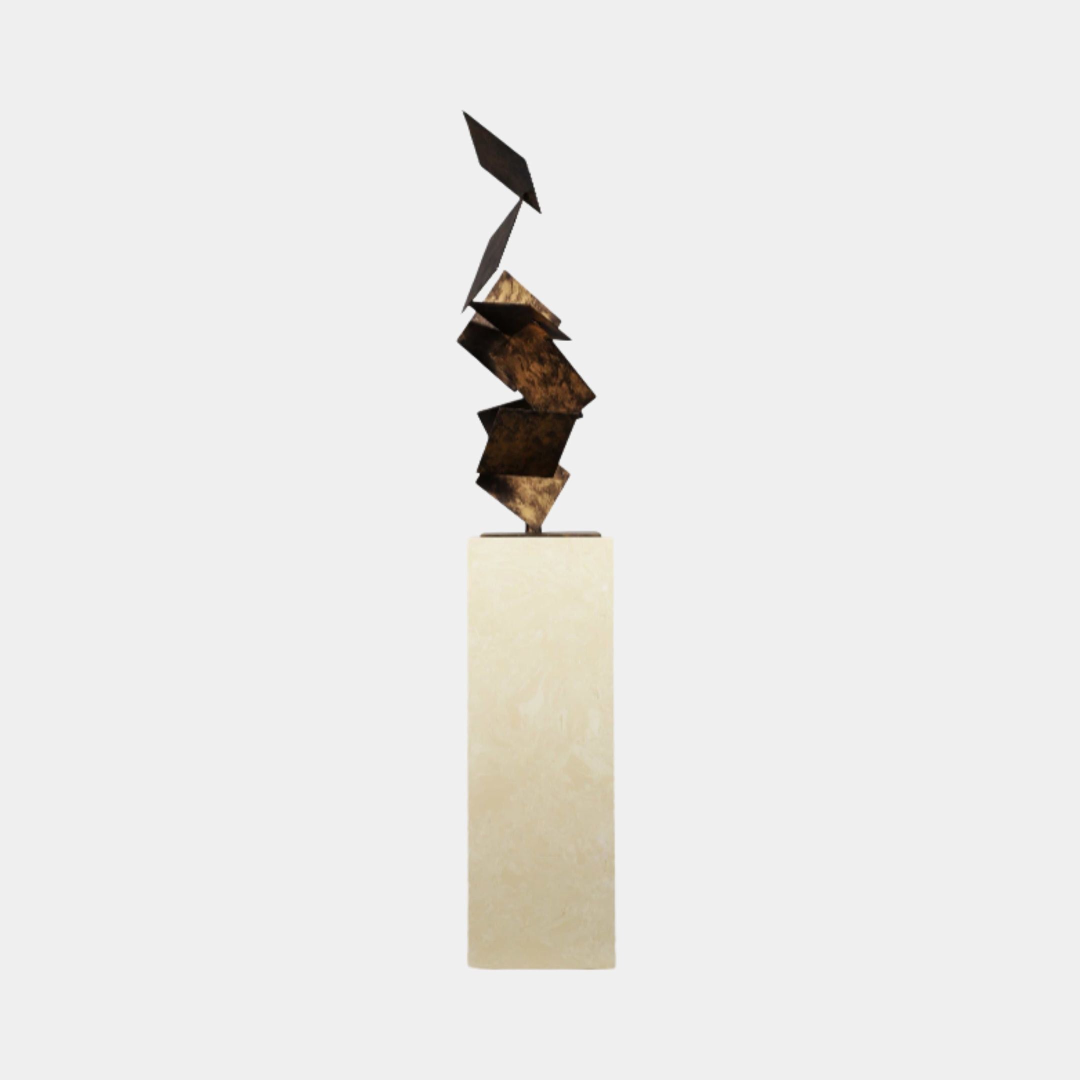 Bronze Stacked Square Spiral Metal Sculpture by Giant Sculptures, tilted diamond panels spiralling upward with warm golden patina on a tall cream plinth.