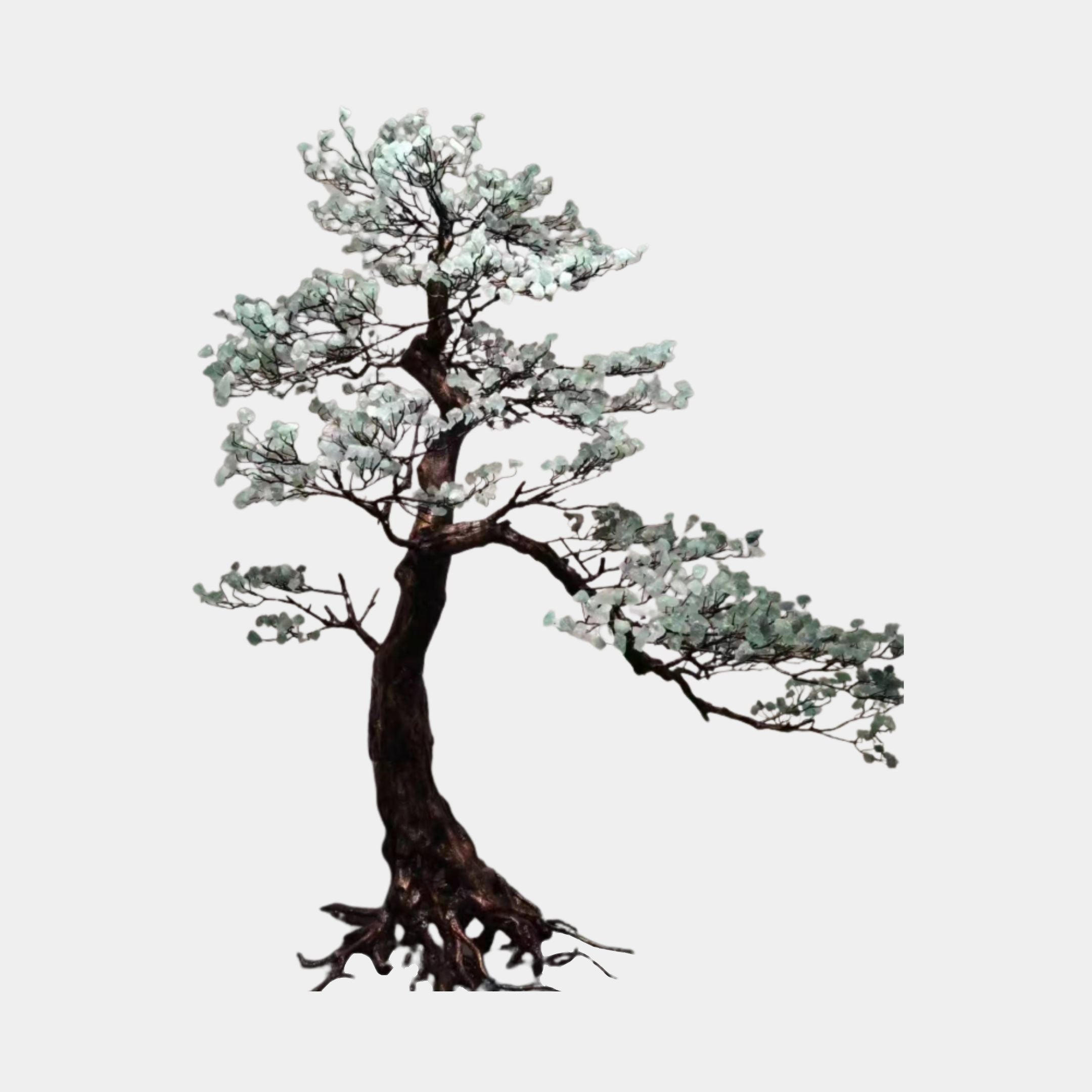 Large Pine Bonsai with Resin Leaf Metal Sculpture by Giant Sculptures, dark bronze windswept trunk with pale mint-green resin disc leaves, on plain grey background.