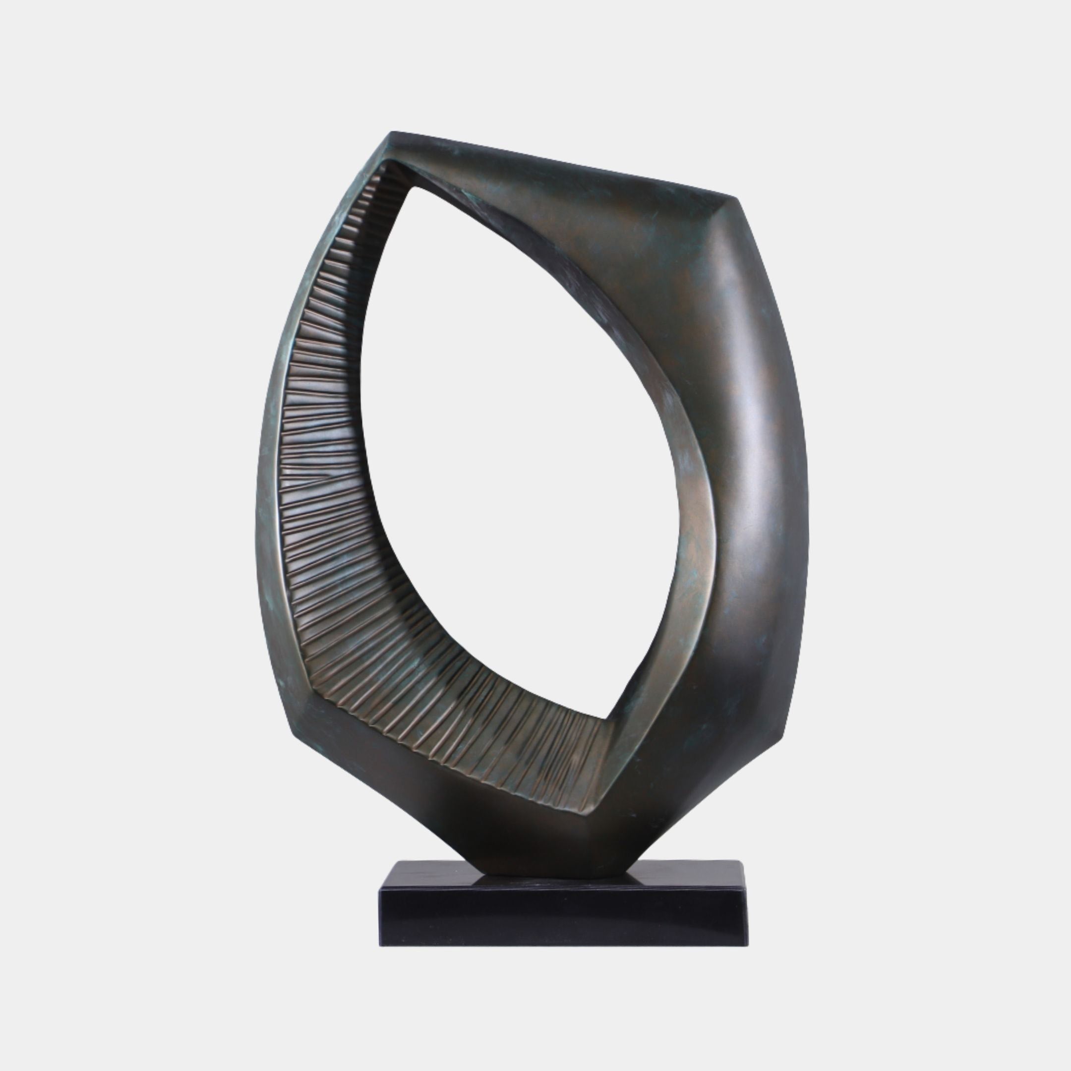 Patina Green Abstract Organic Loop Metal Sculpture 51cm by Giant Sculptures, oval ring with ridged inner edge and teal-bronze finish on a black base.