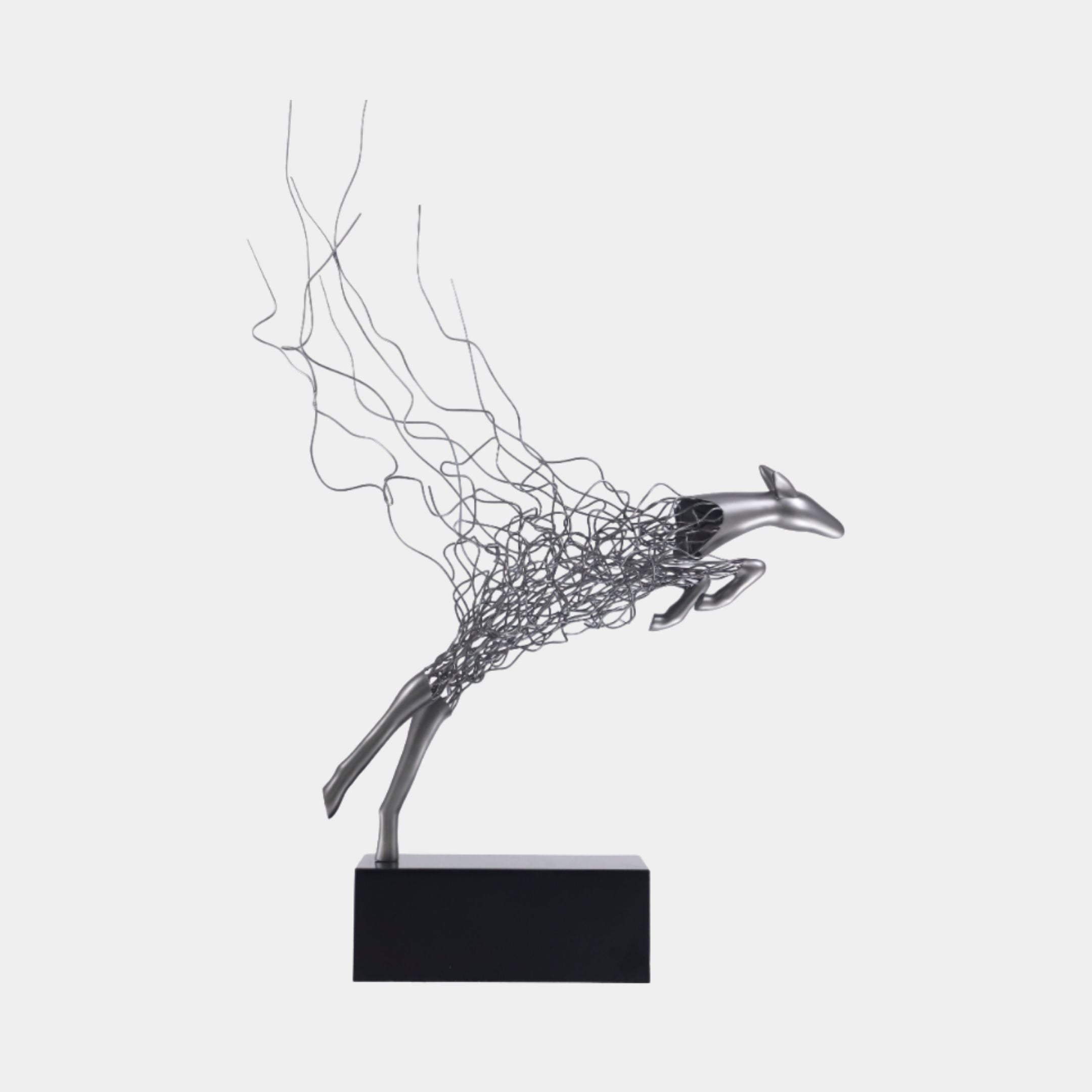 Giant Sculptures' 246cm Silver Abstract Leaping Deer with smooth head and forelegs dissolving into trailing wire strands, mounted on a black base against a plain background.