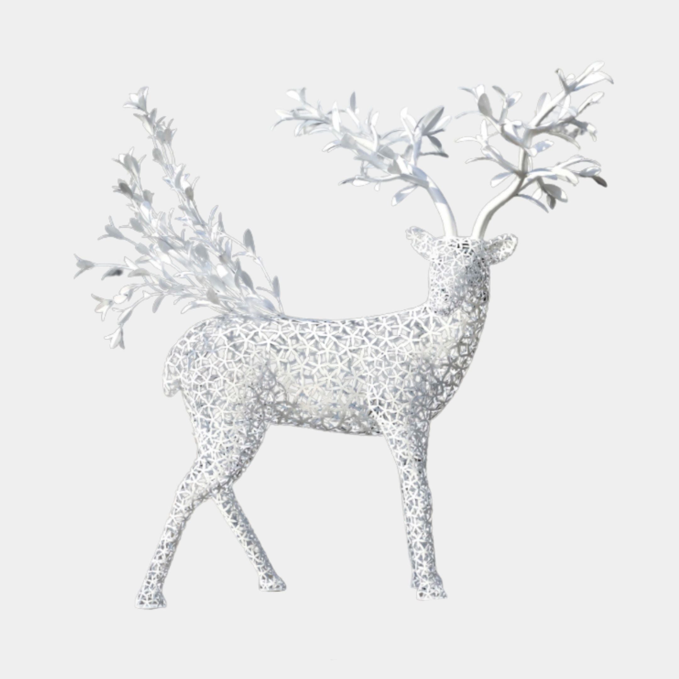 White Filigree Geometric Buck Metal Garden Sculpture by Giant Sculptures, standing deer with lace-like lattice body and branching leaf-covered antlers, on plain background.