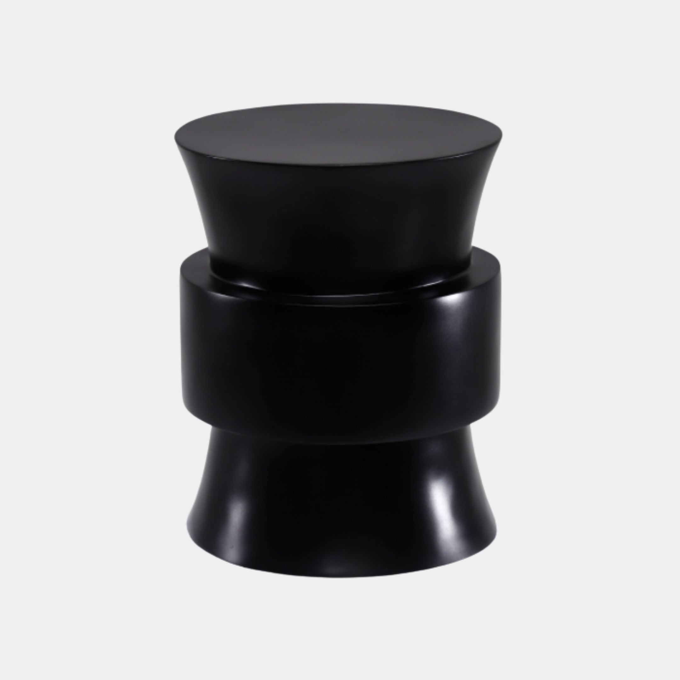 Black Hourglass Geometric Pedestal Metal Stool from Giant Sculptures, 42cm tall with a stacked cylindrical form in matte-gloss black, shown on a plain background.