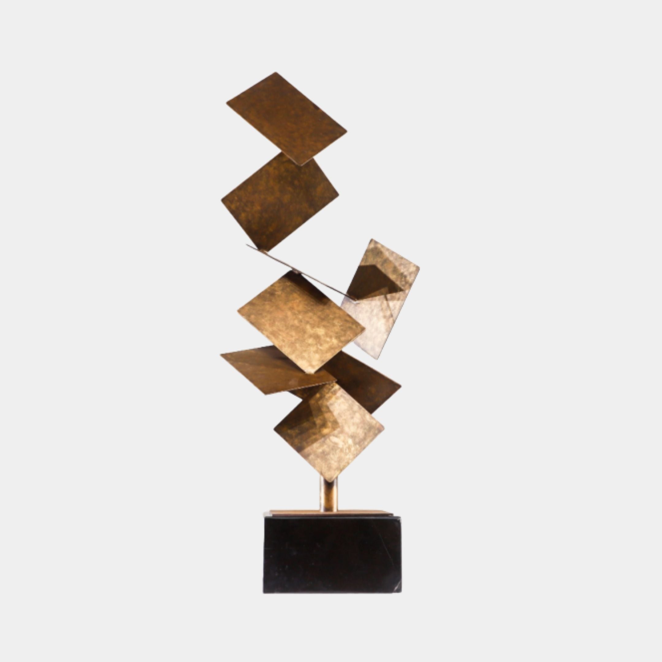 Giant Sculptures Bronze Stacked Diamond Geometric Metal Sculpture 104cm, tilted golden-bronze square panels ascending in a zigzag on a black marble base.