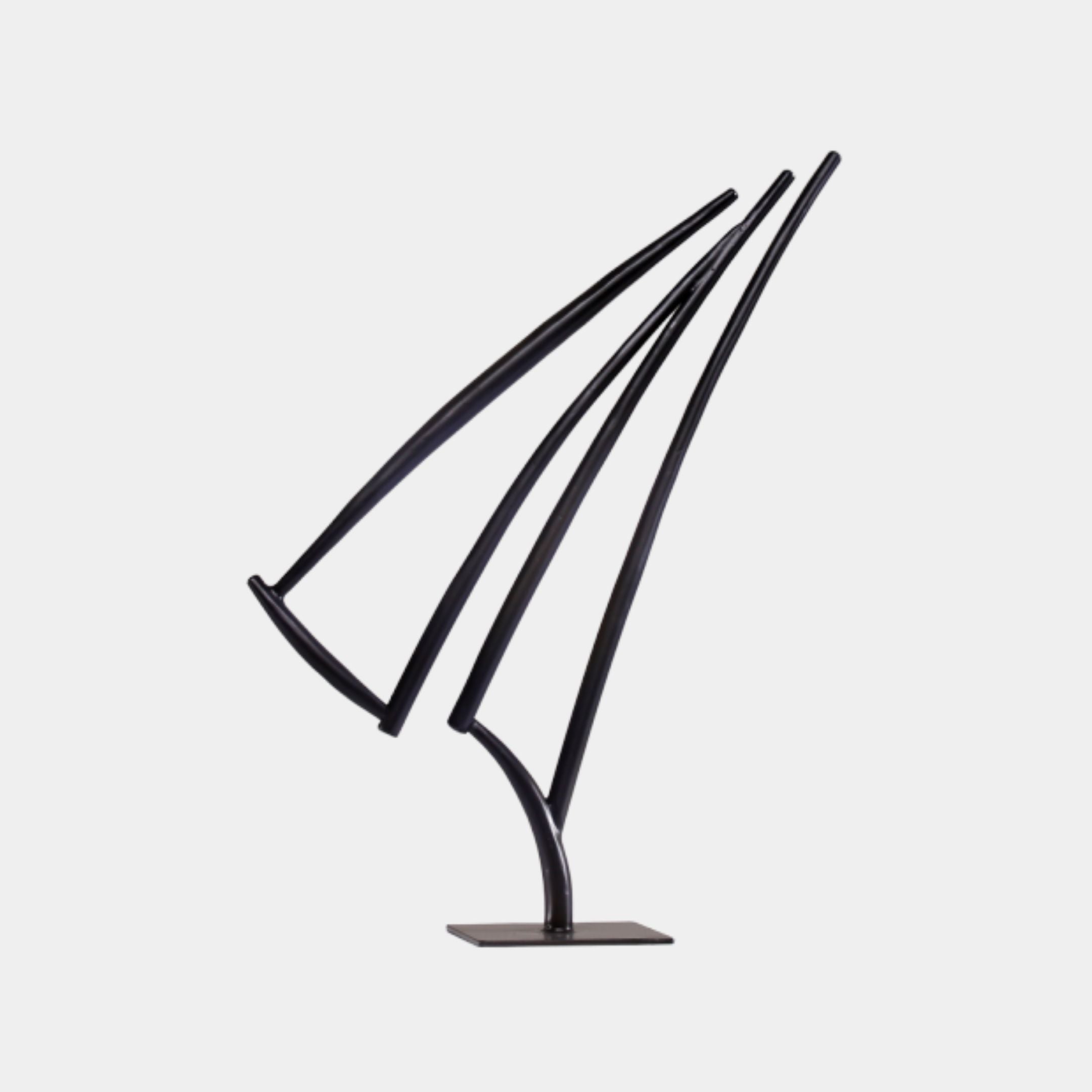 Giant Sculptures Black Minimalist Triple Spear Metal Sculpture, 40cm, three curved matte black rods fanning from a shared base on a square plinth.