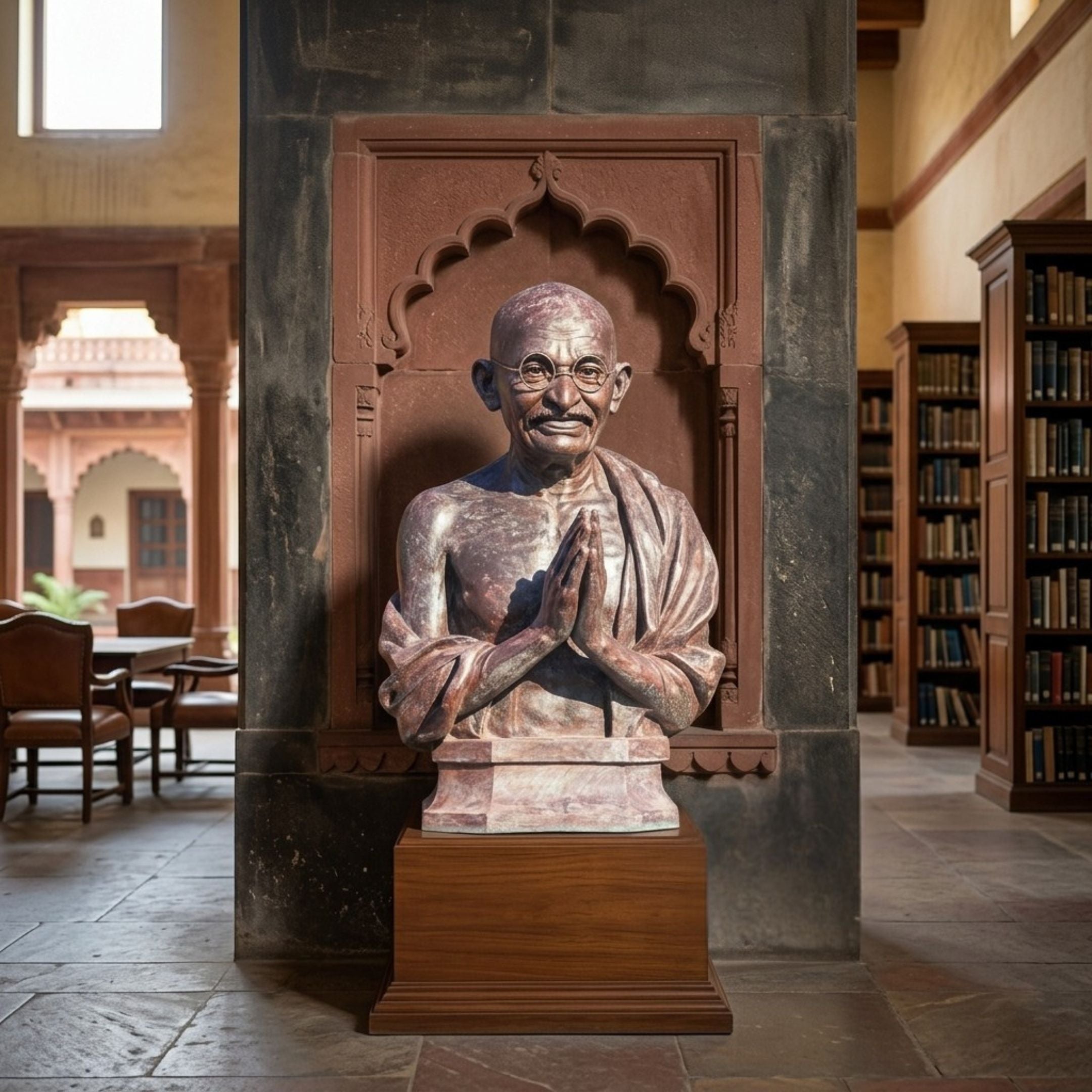 Traditional Bespectacled Elder Bust Bronze Bust - 100cm by Giant Sculptures, hands in namaste, set in a carved arched niche within a library-like interior.