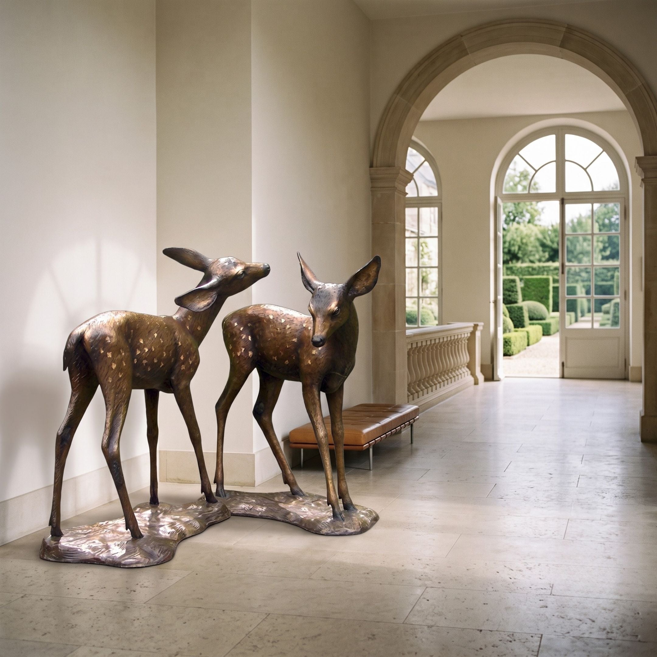 Giant Sculptures Traditional Standing Fawn Pair Bronze Sculpture 90cm displayed in an arched hallway with garden view, showing two spotted fawns on integrated bases.