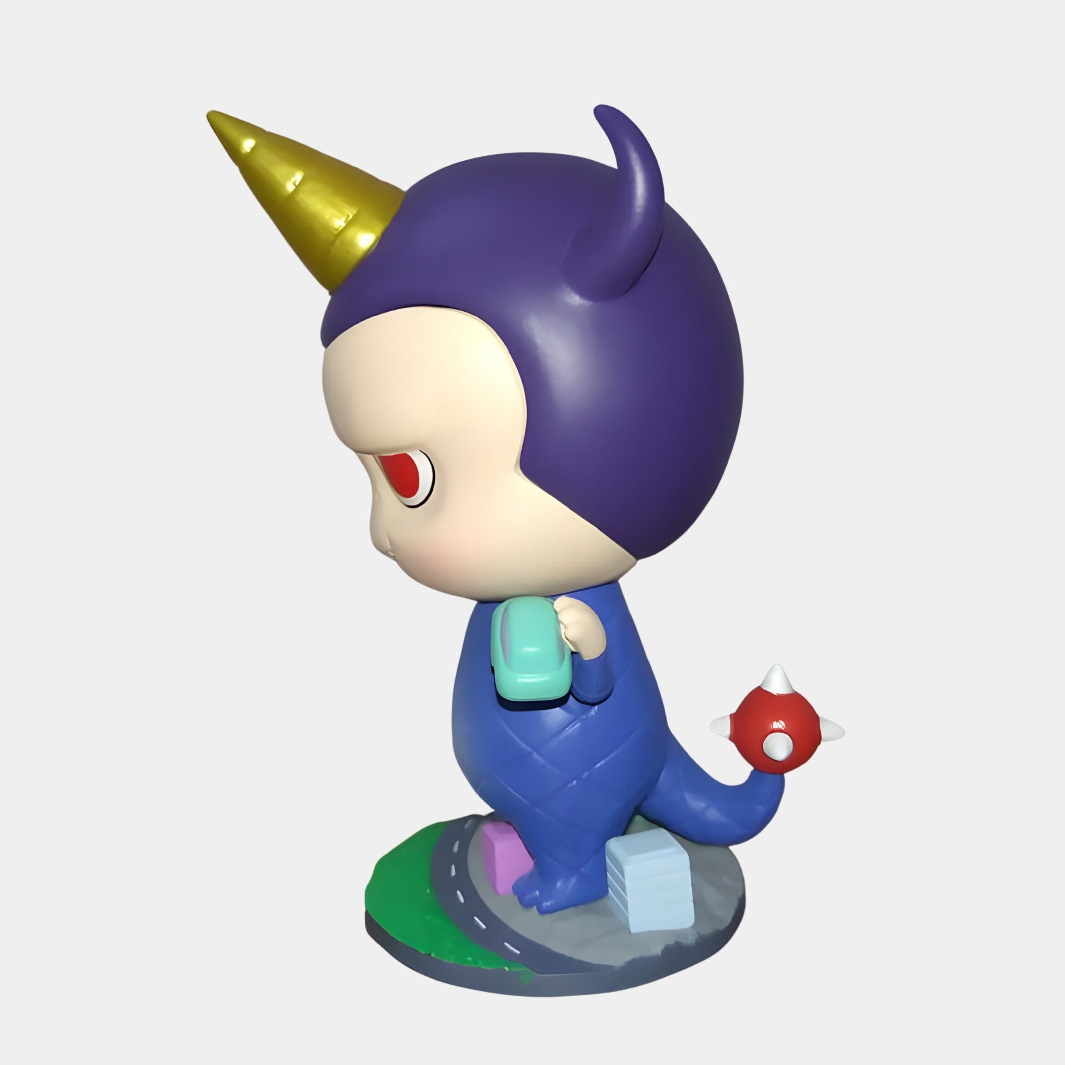 Side view of the Monsterverse Unicorn Labubu Sculpture - 160cm by Giant Sculptures, showing a character in a purple dino costume with gold horn on a road-themed base. Fibreglass art full of playful charm.