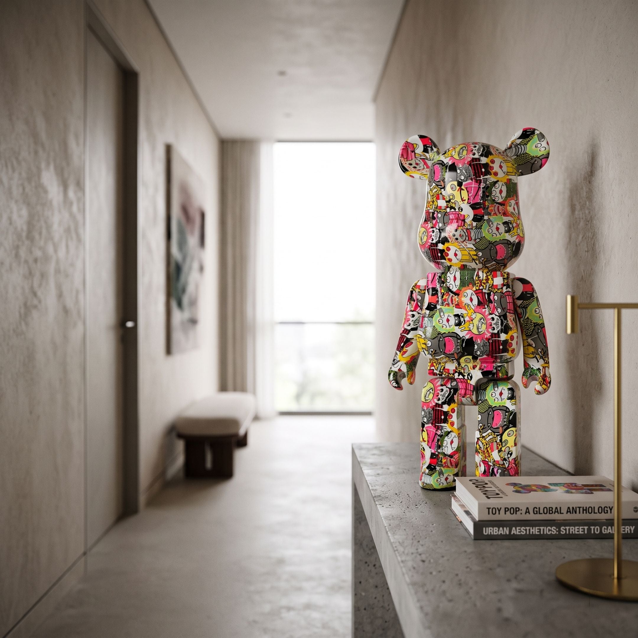 Urban Pop Bear Sculpture - 50cm, resin bear with multicoloured graffiti-style doodles, displayed on a console table in a modern hallway.