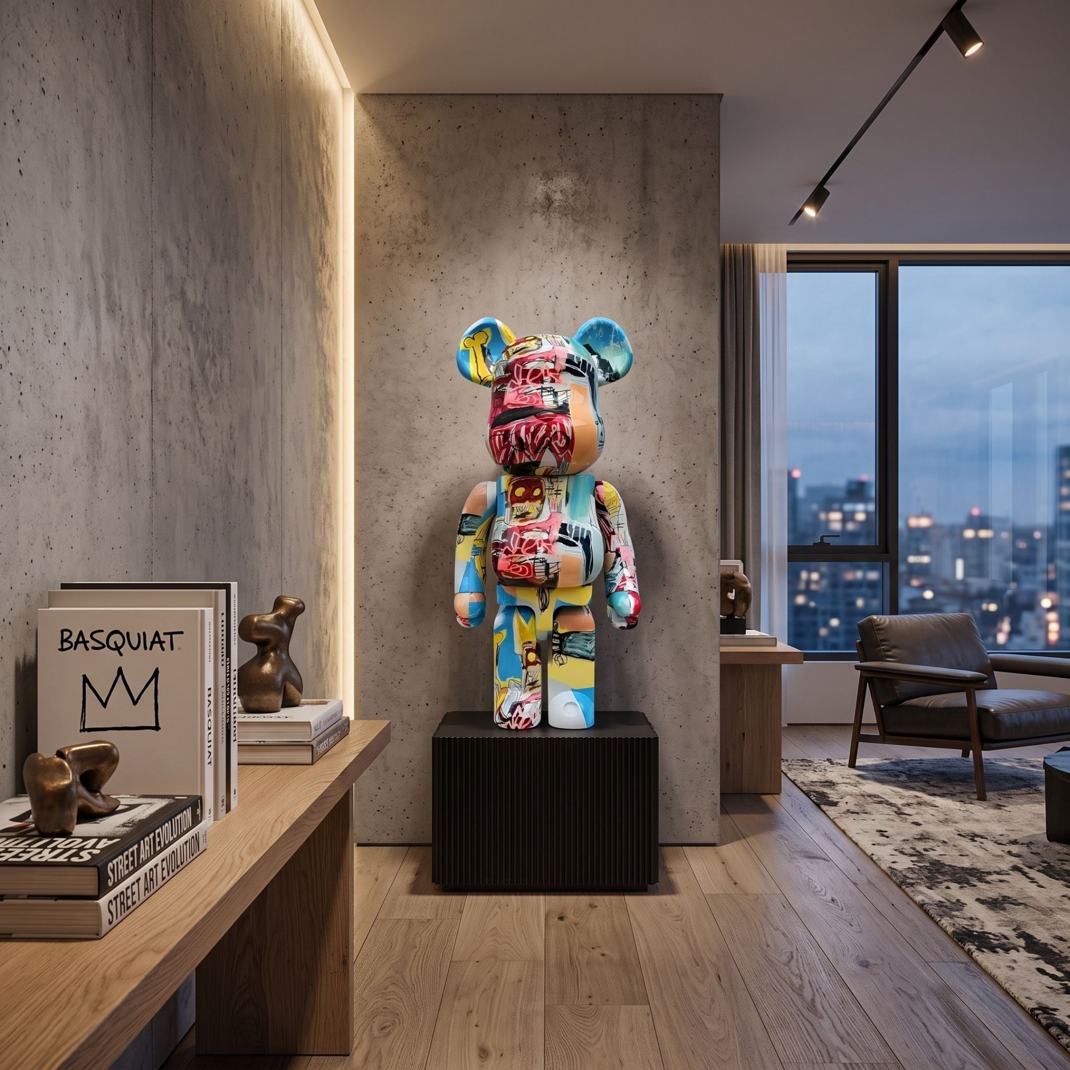Urban Remix Bear Sculpture - 70cm, graffiti-style multicoloured resin bear on a black pedestal, displayed in a modern living room with concrete wall and city view.