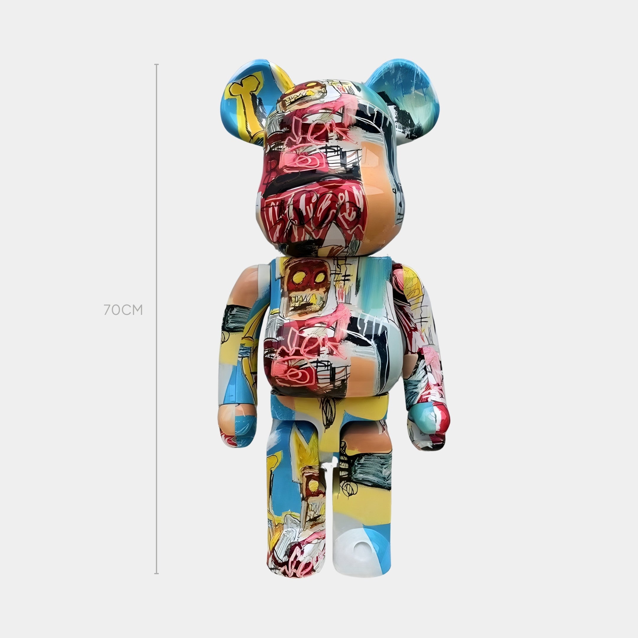 The Urban Remix Bear Sculpture by Giant Sculptures is a 70cm tall art toy featuring a colorful graffiti-style design with bold reds, blues, yellows, and expressive patterns—an Urban Art Icon perfect for contemporary rooms.
