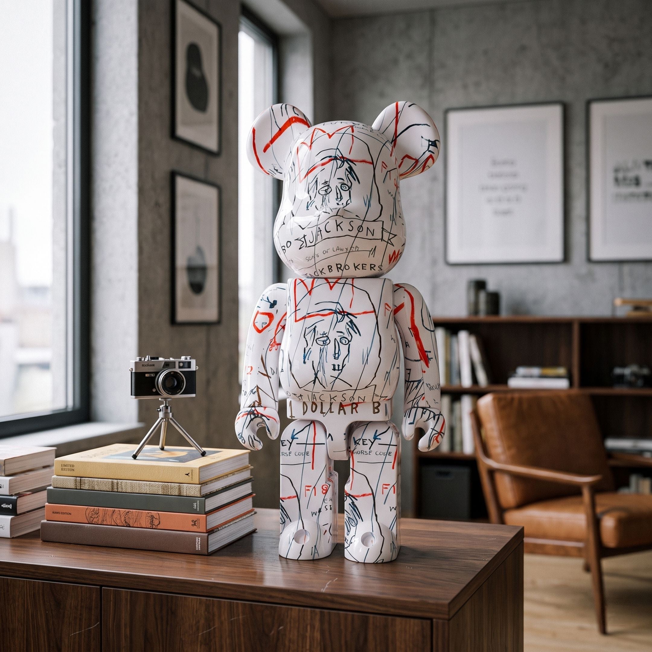 Urban Script Bear Sculpture - 70cm by Giant Sculptures, white resin bear with graffiti-style red and blue script, displayed on a wooden cabinet in a study with bookshelves and a leather chair.