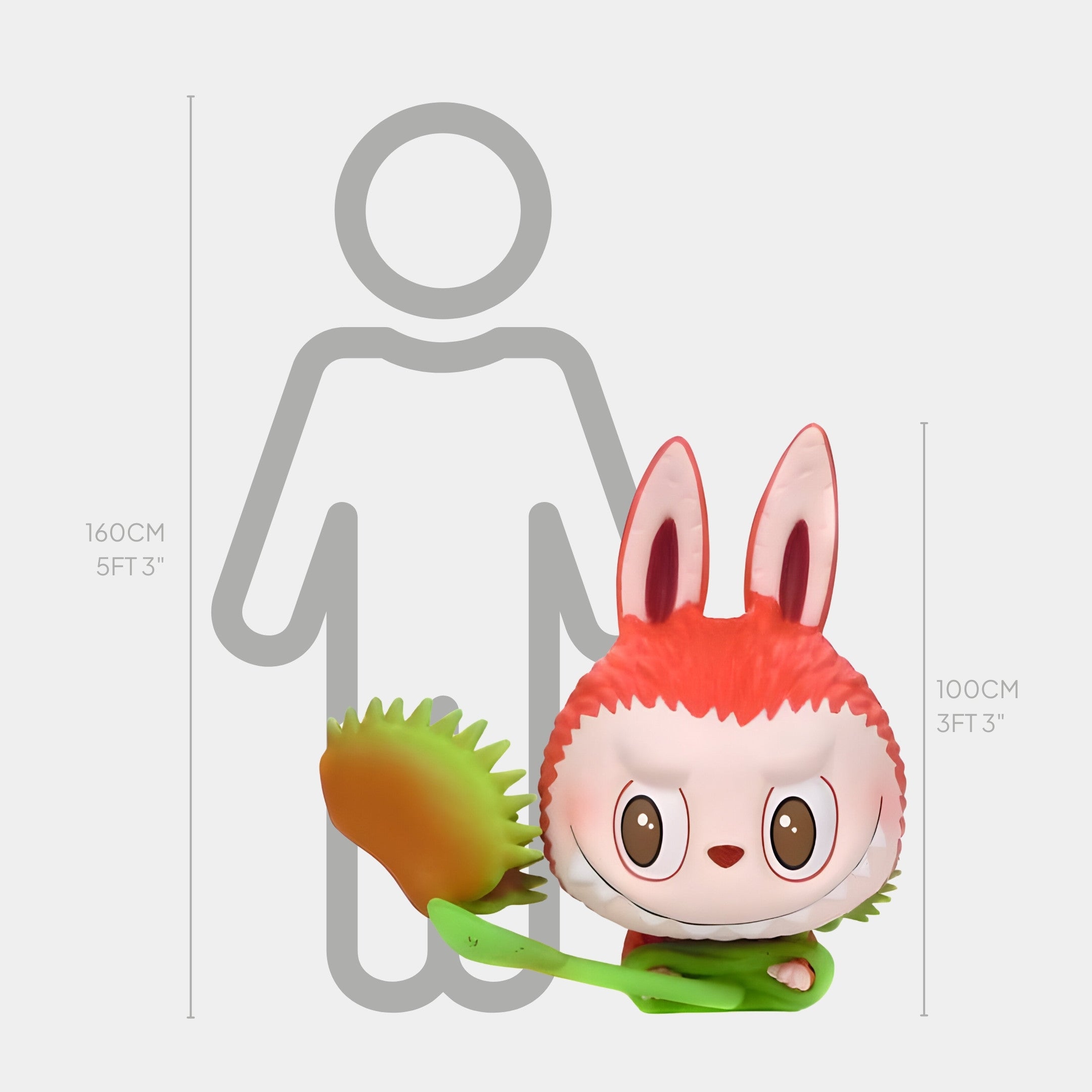 The Giant Sculptures Flower Elves Venus Flytrap Labubu Sculpture - 100cm stands by a red and white cartoon bunny character, with a height chart behind them showing an outline of a person measuring 160 cm (5 ft 3 in) tall.