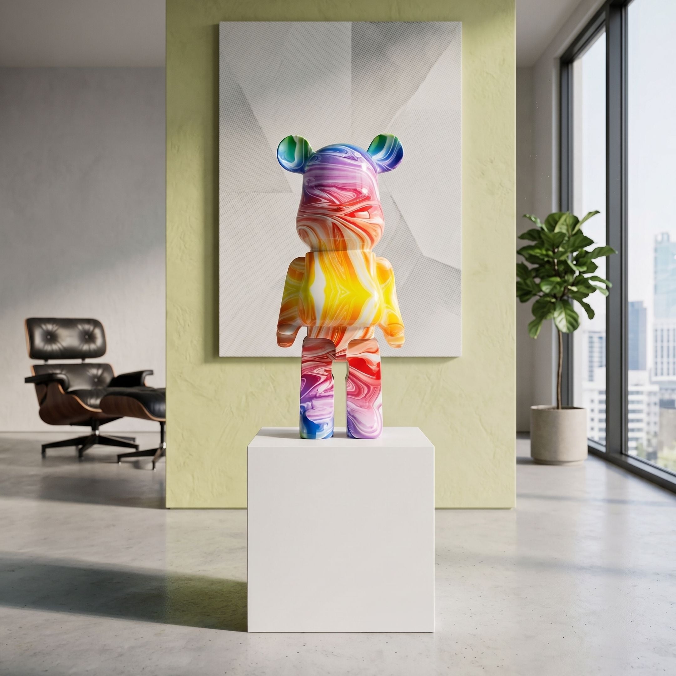 Verve Bear Sculpture - 50cm in rainbow marbled swirls on a white pedestal, displayed in a modern lounge with an Eames chair and abstract wall art.