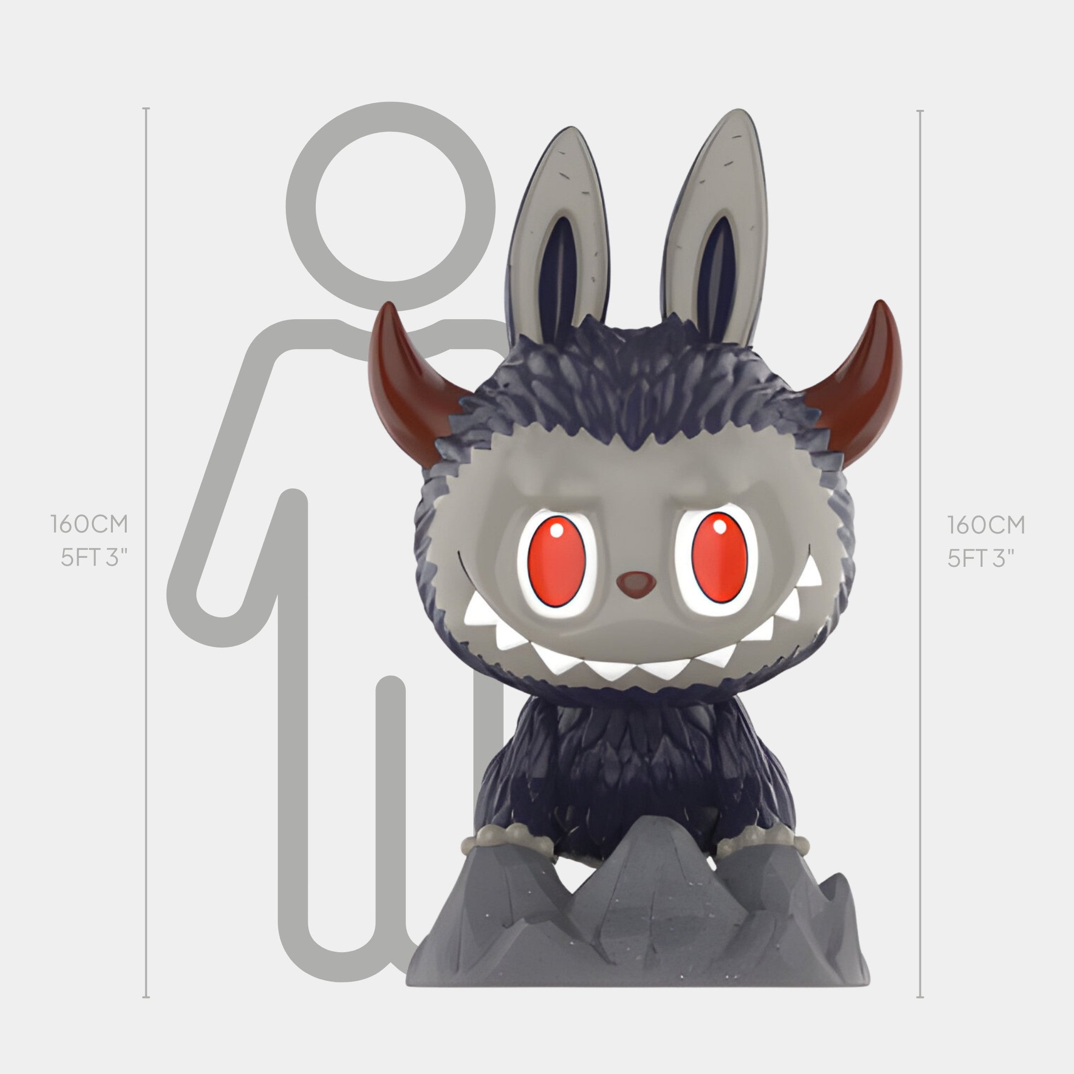The Monsterverse Volcano Kaiju Labubu Sculpture - 160cm by Giant Sculptures features large red eyes, pointy bunny-like ears, and red horns. Standing on rocks, its height (160 cm) is shown against a faint human silhouette.