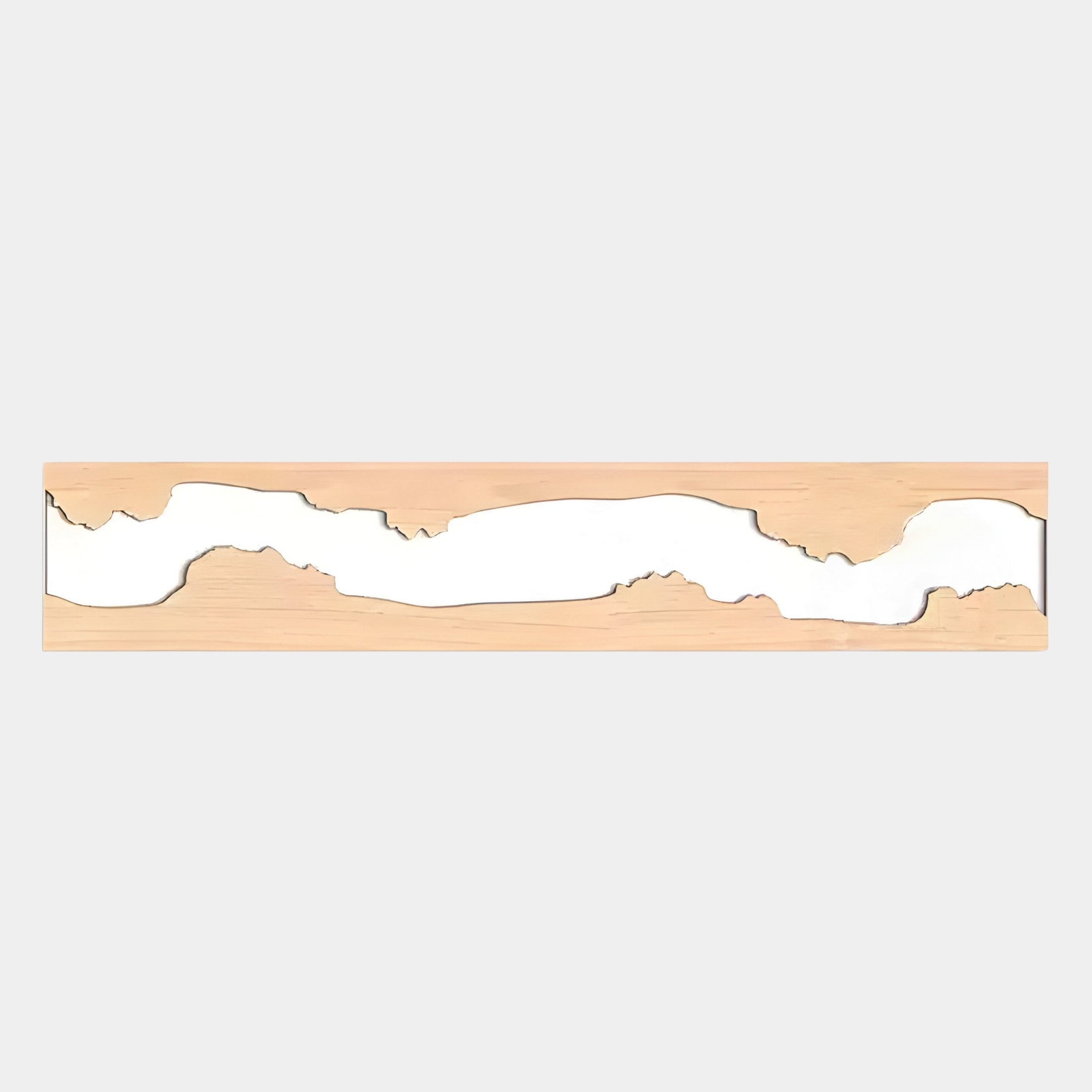 The Giant Sculptures Stratara Beige Wood Carving Mirror Linear Wall Art features beige wood with a wavy, white cutout resembling a river or abstract landscape running horizontally across the center.
