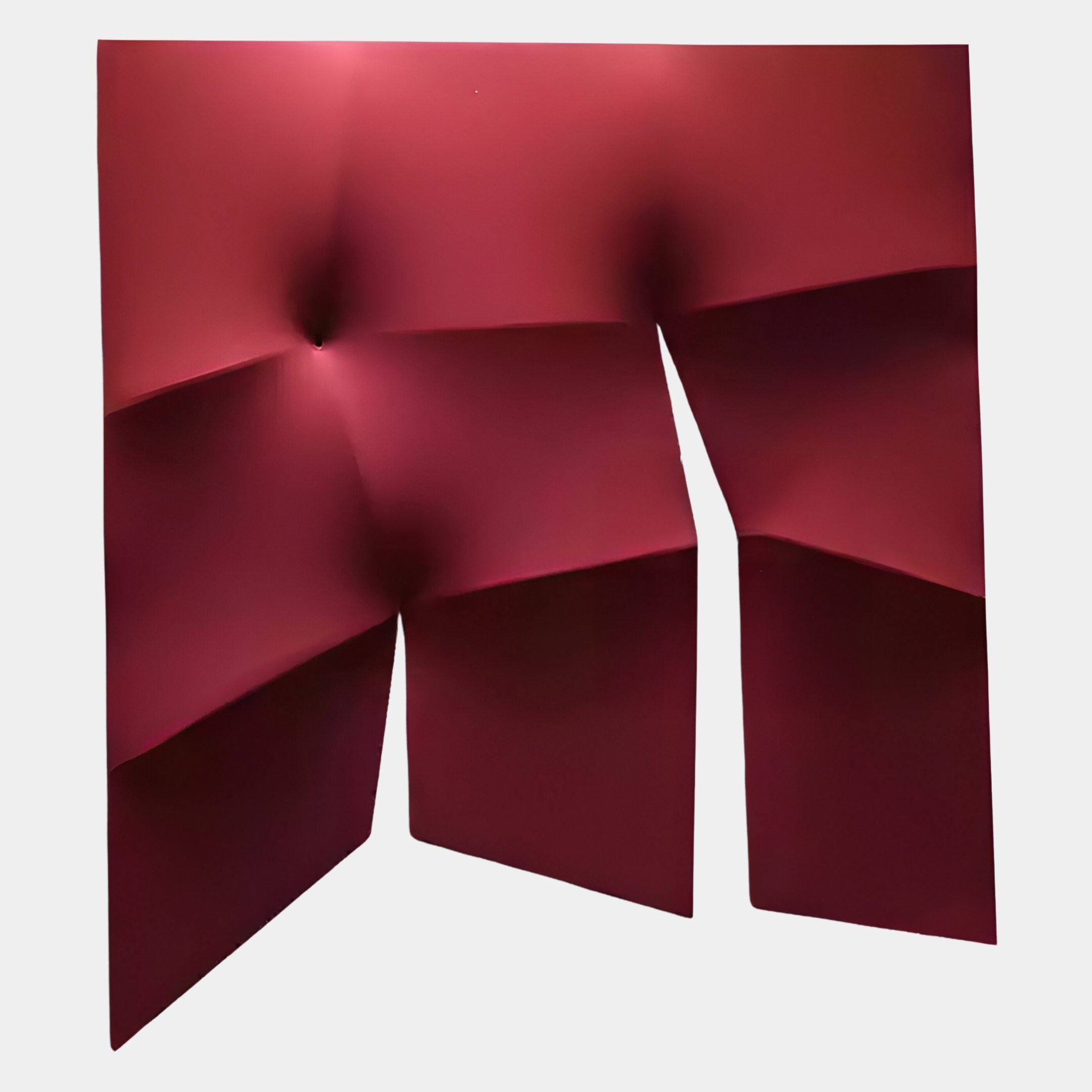The Contours Deep Red Elastic Fabric 3D Wooden Wall Art by Giant Sculptures features Italian-inspired abstract design with folded, indented deep red panels, geometric shapes, soft curves, and two bottom openings for a striking visual effect.