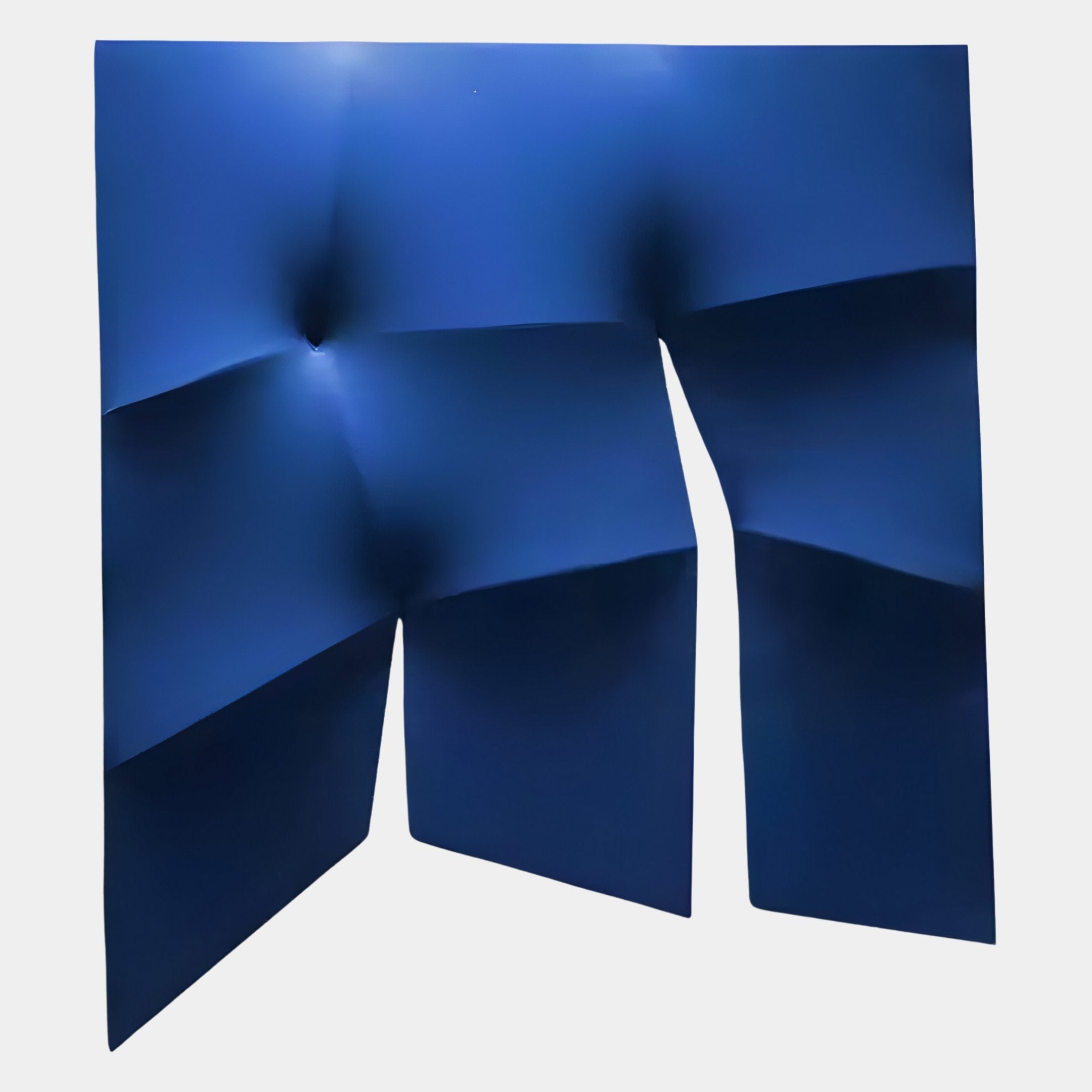 Contours Dynamic Blue Elastic Fabric 3D Wooden Wall Art by Giant Sculptures features folded, indented panels and a vertical gap, evoking draped material—ideal for adding a bold, contemporary touch to your space.