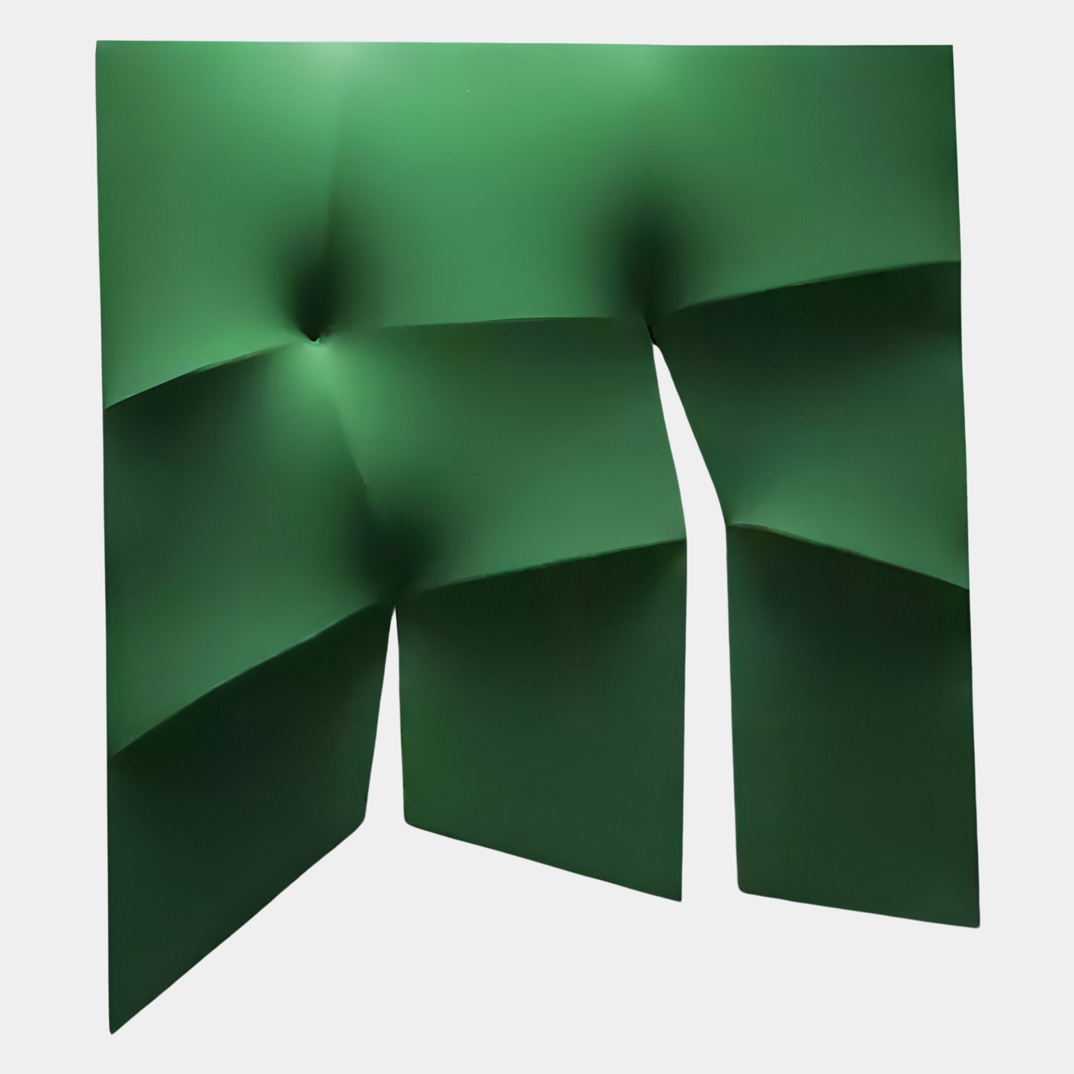 The Contours Emerald Green Elastic Fabric 3D Wooden Wall Art by Giant Sculptures features four angular panels with smooth indentations, creating an abstract, folded look and dynamic shadows—ideal for modern interiors.