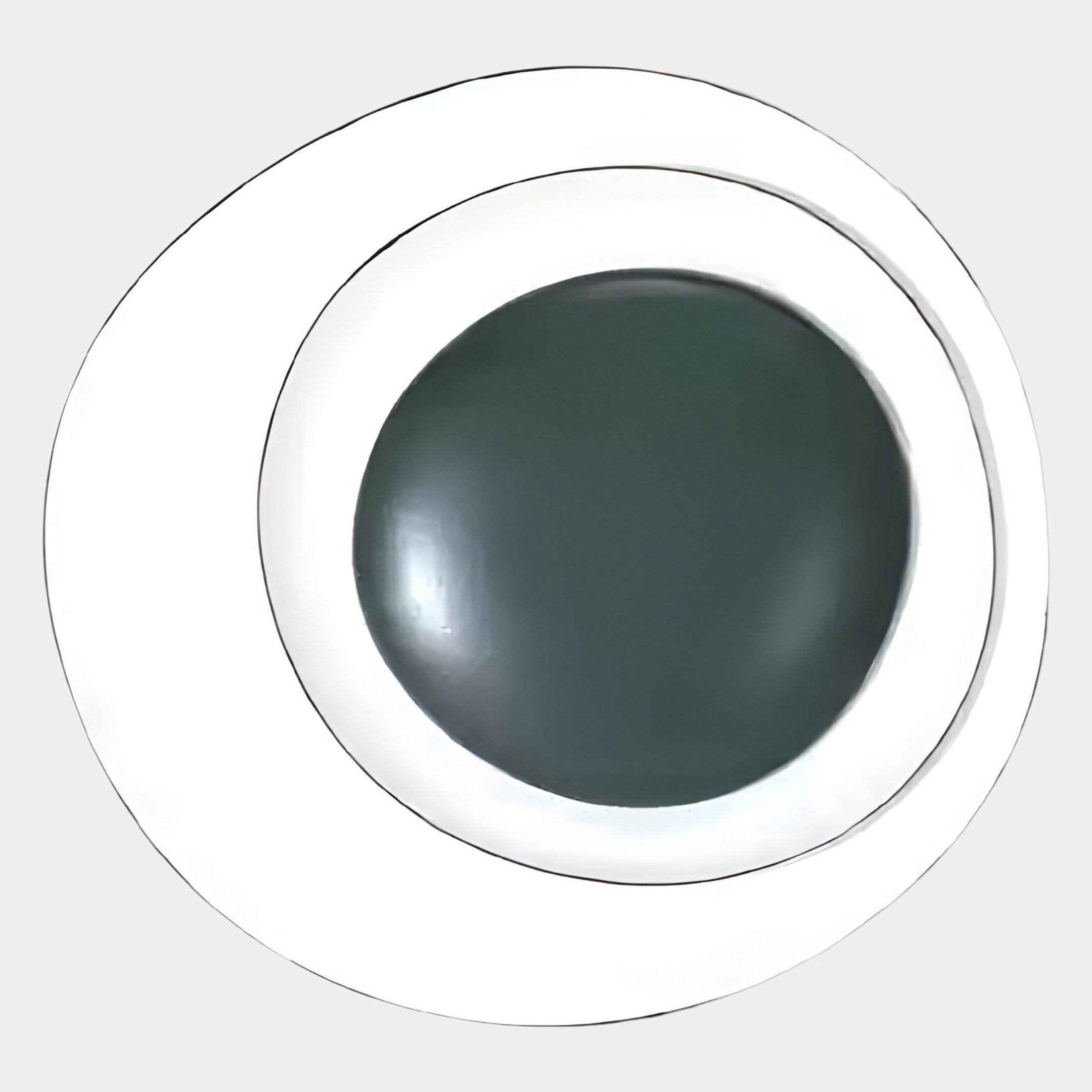 The Aetherial Green Glossy Circular Asymmetry 3D Wall Art by Giant Sculptures features a glossy dark green center, minimalist round design, and modern appeal, displayed against a plain light gray background.