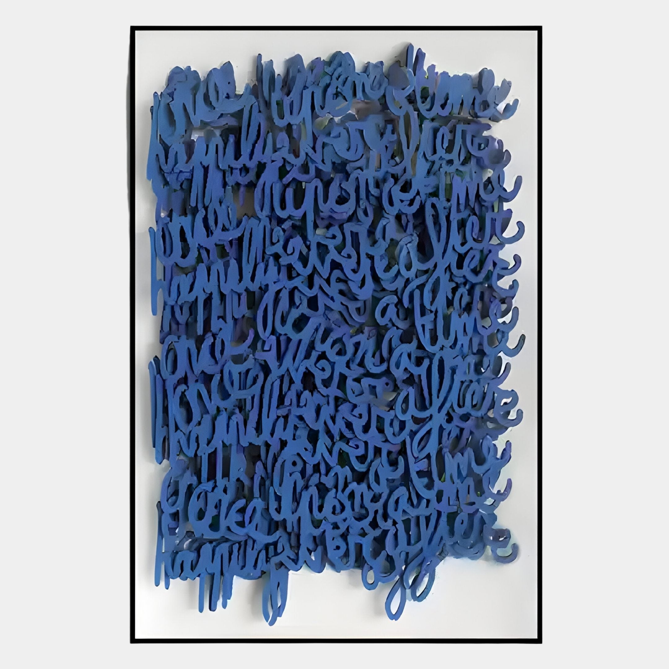 The Oratoria Blue Scripted Wood Carving Hand-Painted 3D Wall Art by Giant Sculptures features layered blue cursive on a light background, framed in black for a modern, abstract look with visually intriguing yet hard-to-read words.