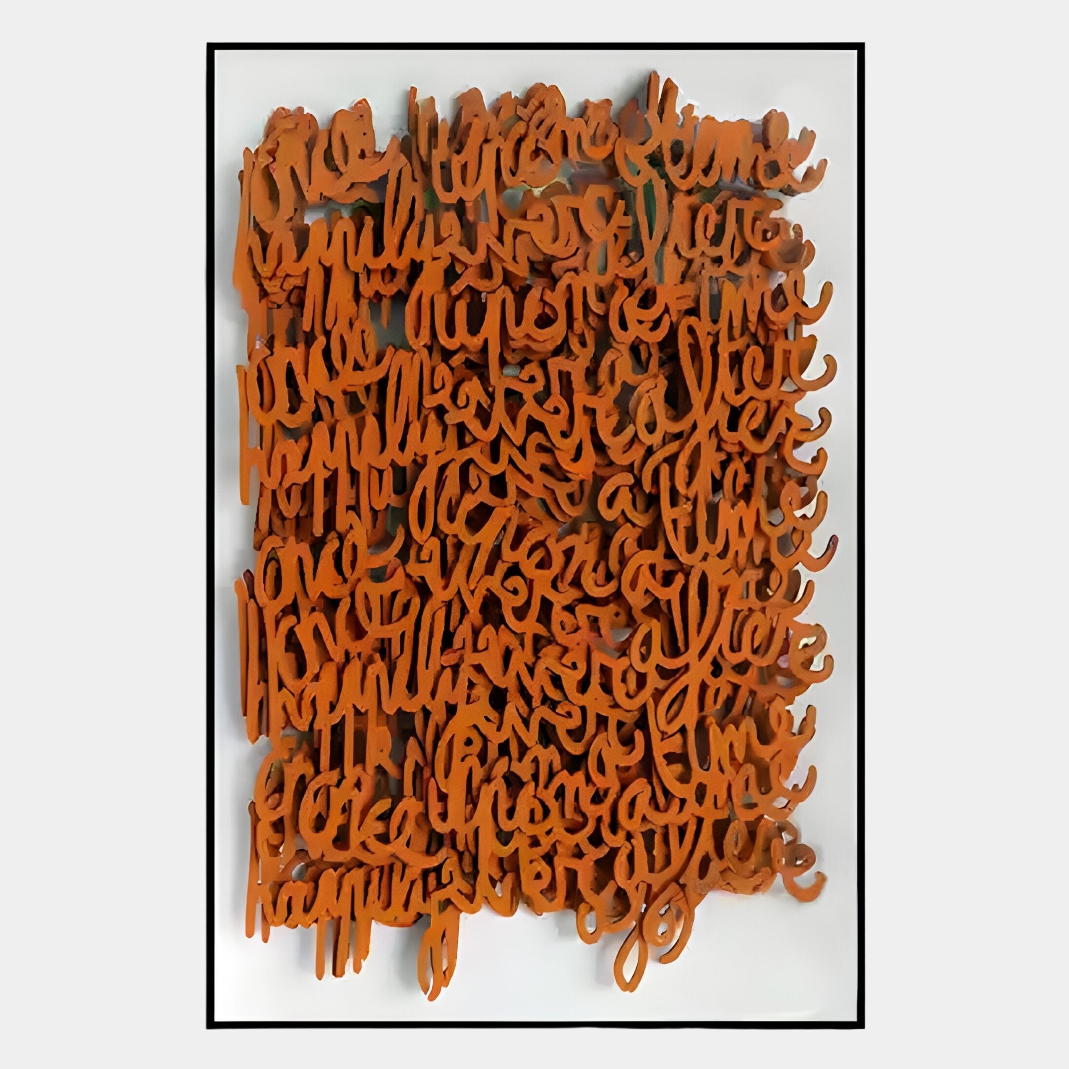 The Oratoria Orange Scripted Wood Carving Hand-Painted 3D Wall Art by Giant Sculptures features dense, overlapping orange cursive on a white background with a thin black border, forming an abstract, textured design with mostly unreadable words.