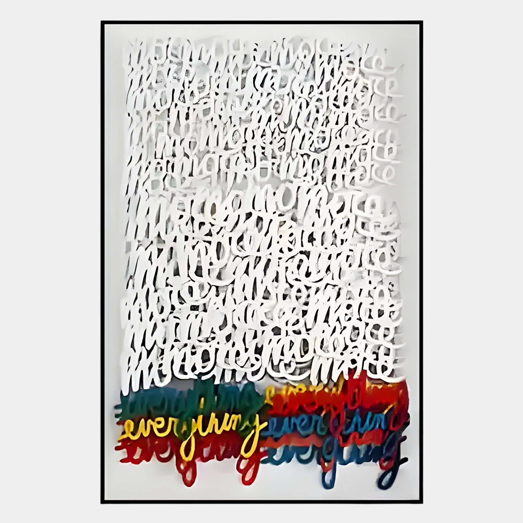 The Oratoria Multicolour Scripted Wood Carving Hand-Painted 3D Wall Art by Giant Sculptures features vibrant layers and white cursive script with “everything” in yellow, red, and blue—a striking display of contemporary design.