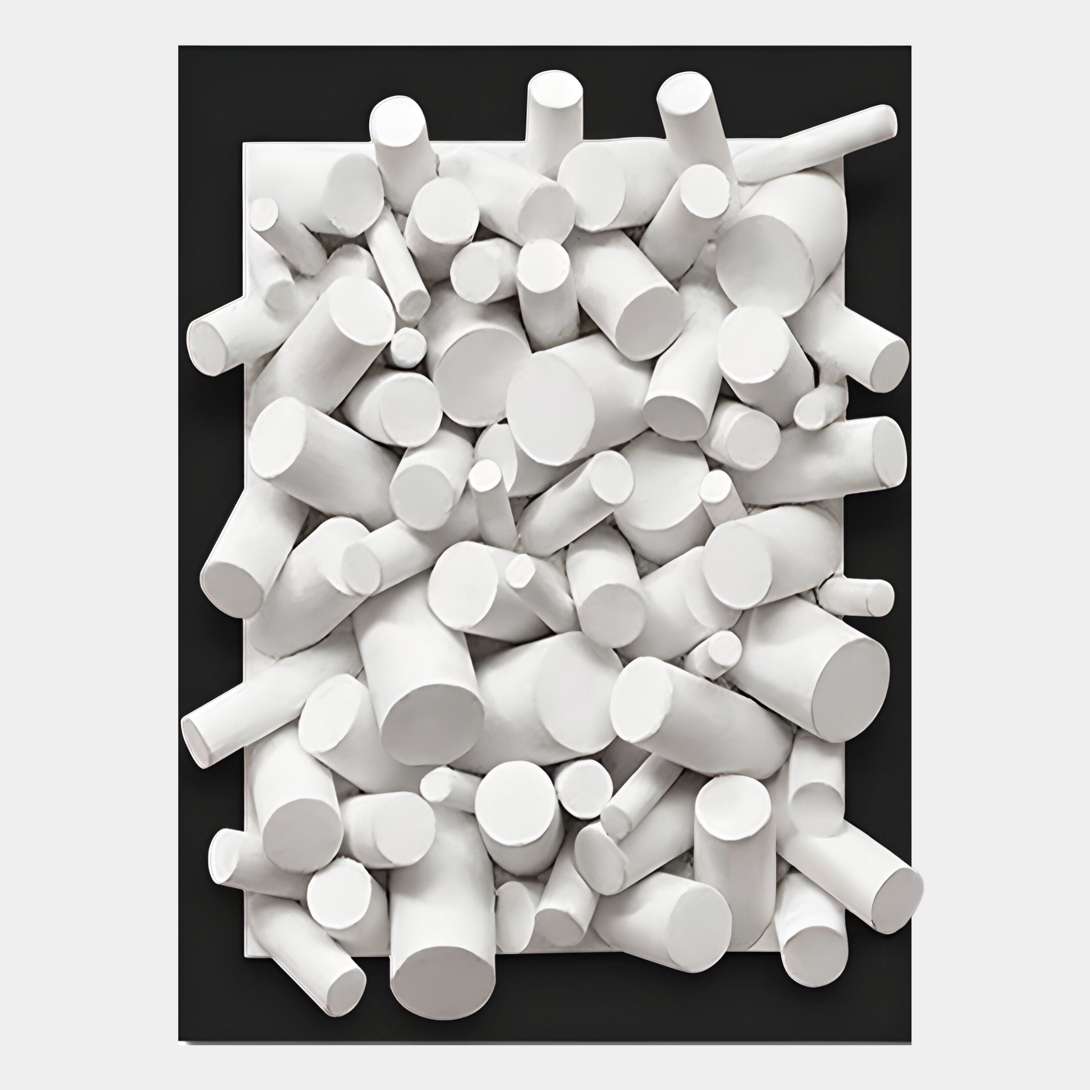 The Axion White Wood Cluster & Black Edge 3D Wall Art by Giant Sculptures showcases densely layered white wooden cylinders on a black rectangular canvas for a striking, modern wall accent.