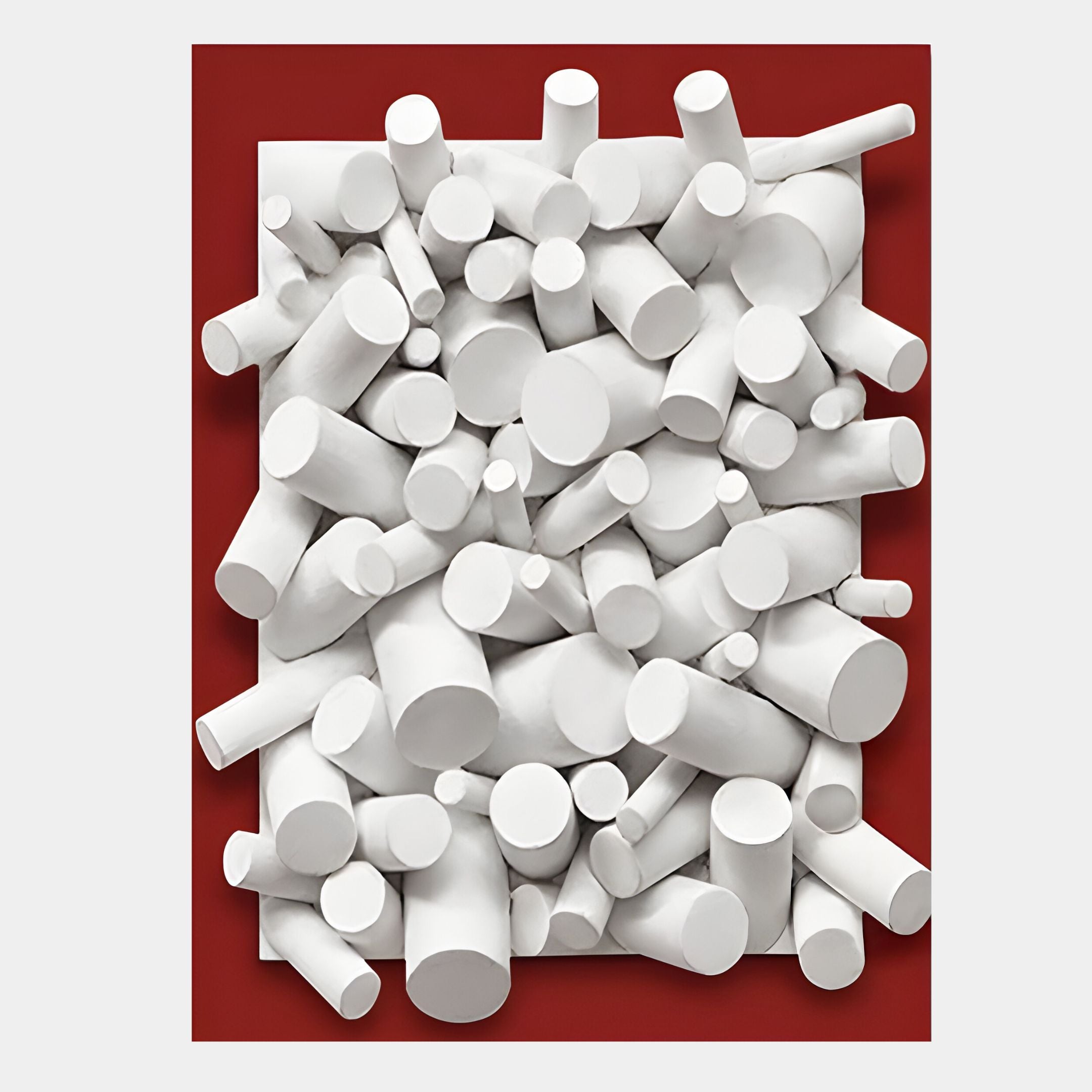 Giant Sculptures Axion White Wood Cluster & Ruby Red Edge 3D Wall Art features white cylindrical shapes emerging from a rich red edge, bringing bold depth and intrigue to modern interiors.