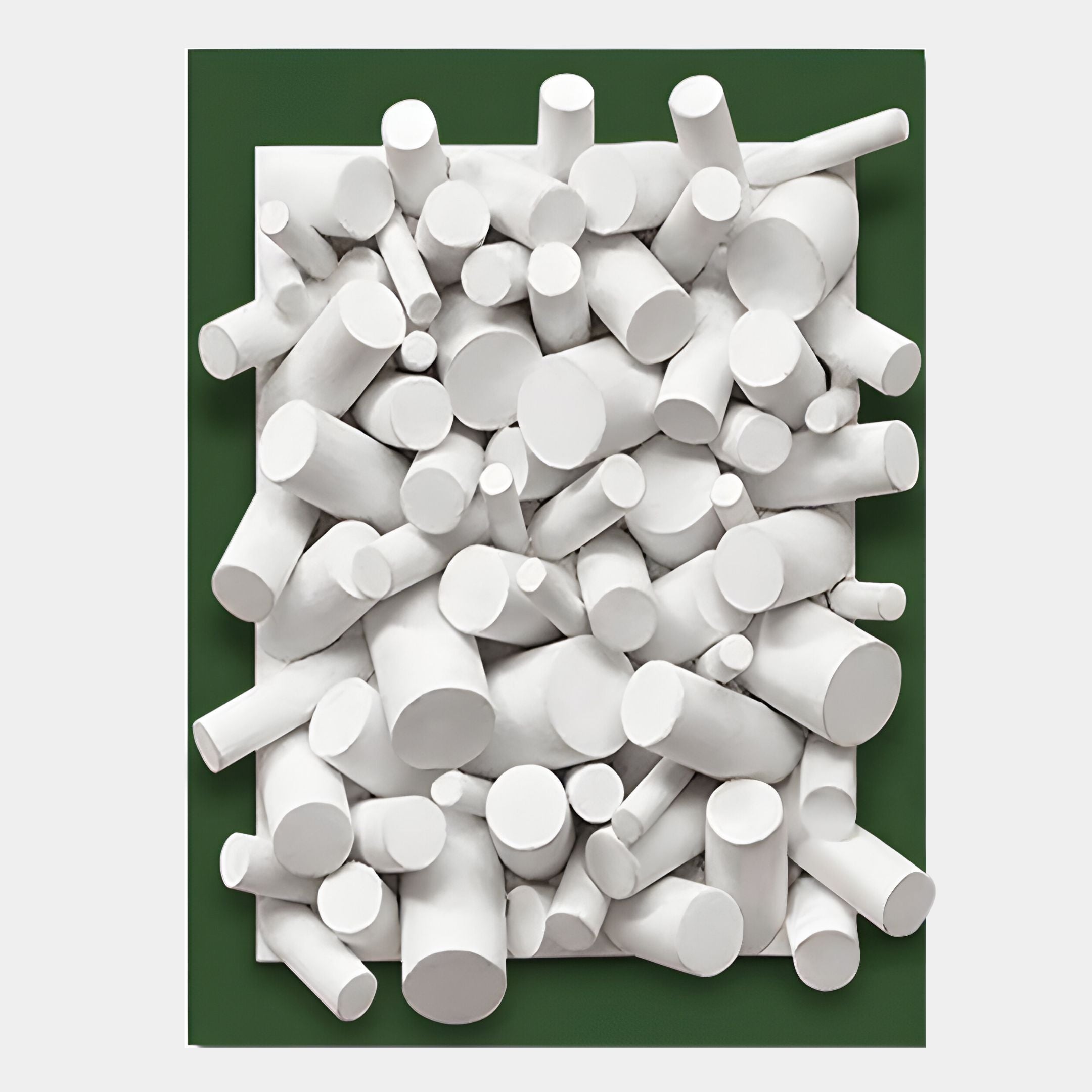 The Axion White Wood Cluster & Emerald Green Edge 3D Wall Art by Giant Sculptures features clustered white cylindrical forms on a dark green rectangular background with an emerald green edge.