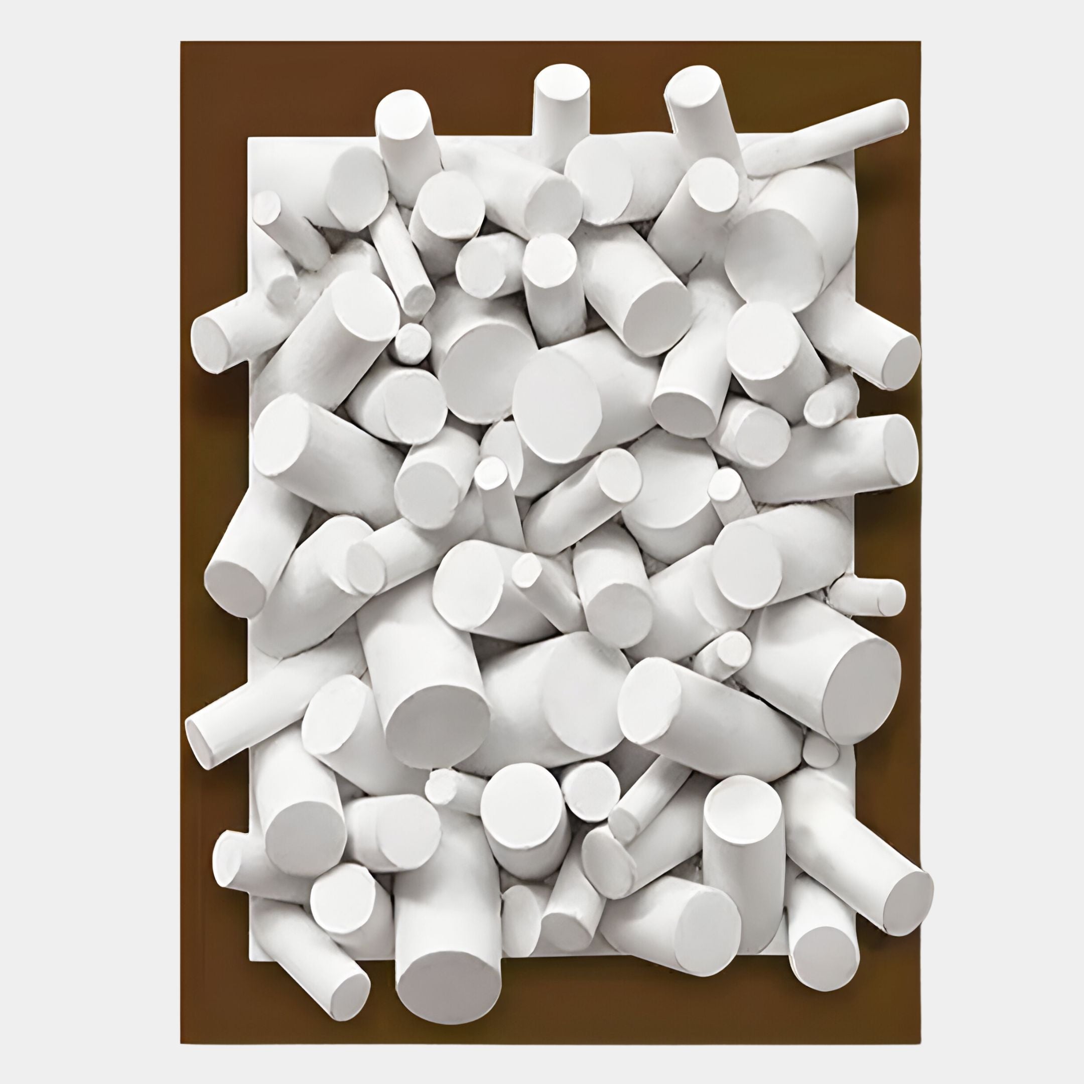 The Axion White Wood Cluster & Deep Oak Edge 3D Wall Art by Giant Sculptures features a modern design with white cylindrical forms emerging from a deep oak background, creating a striking, abstract rectangular centerpiece.