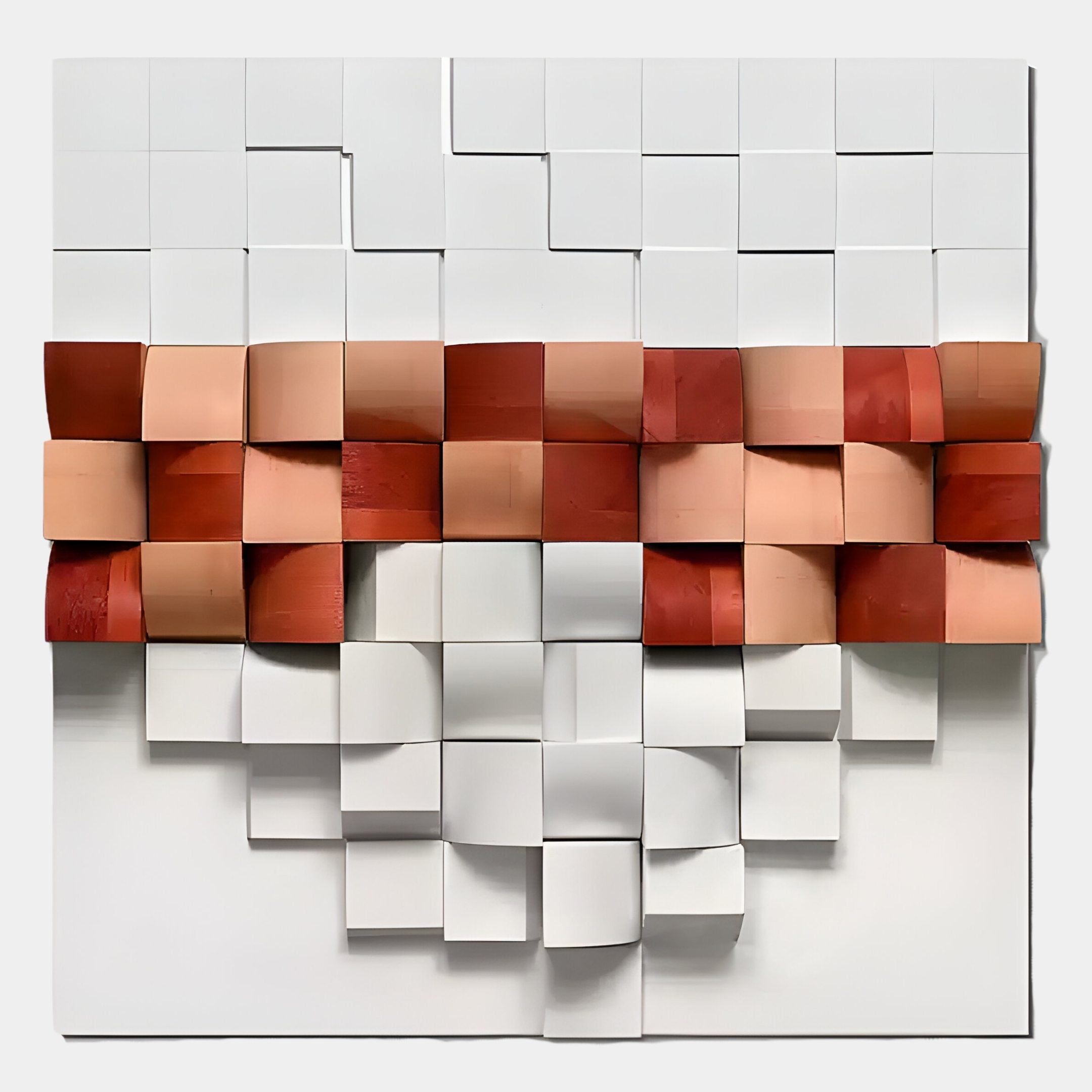 The Structura Terracotta & White 3D Wooden Square Wall Art by Giant Sculptures features raised square tiles in mostly white with a terracotta and beige central band, offering a modern, textured look that highlights expert craftsmanship.