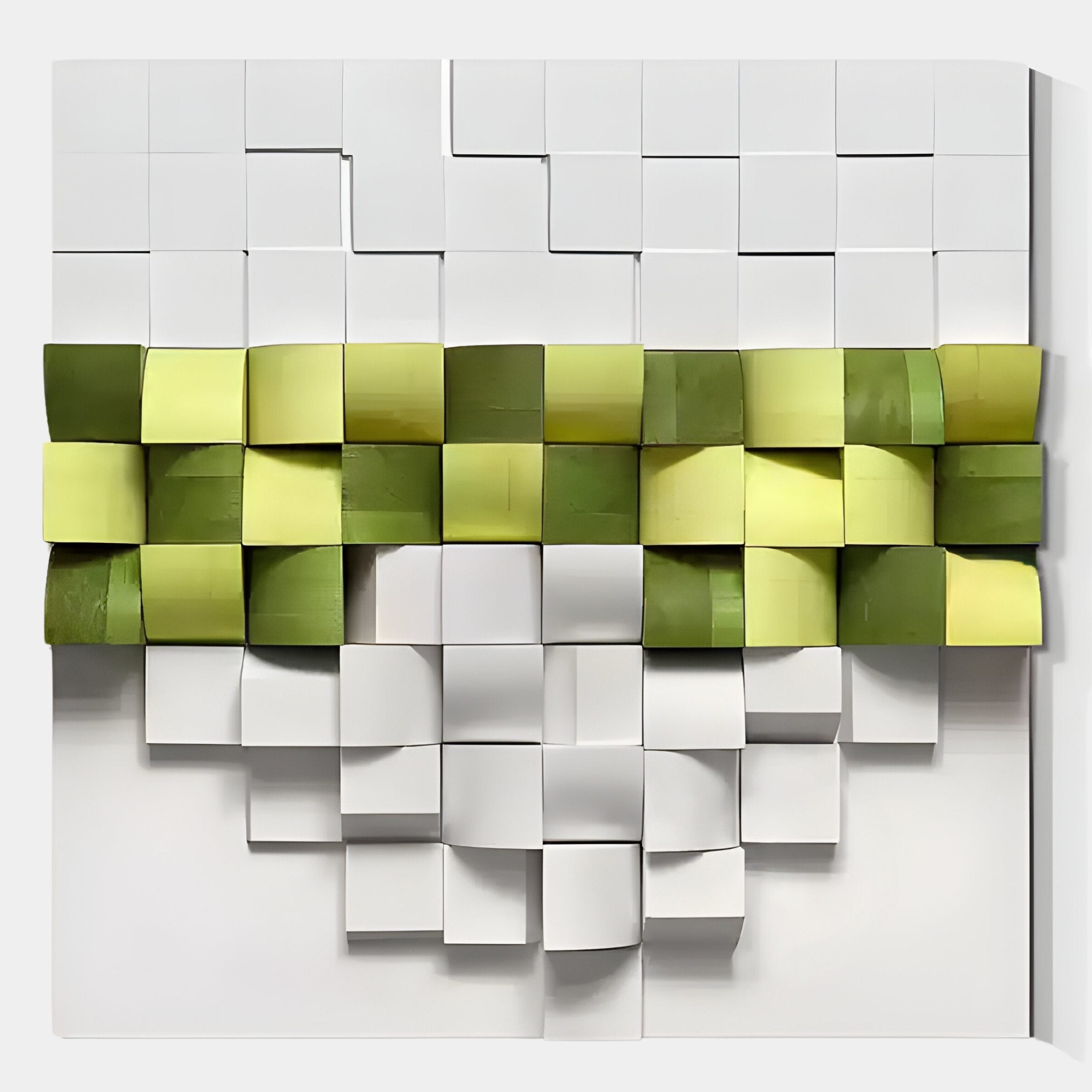 The Structura Verdant Green & White 3D Wooden Square Wall Art by Giant Sculptures features a minimalist grid of white tiles with a central wavy band of bent, raised green and yellow tiles for striking texture.