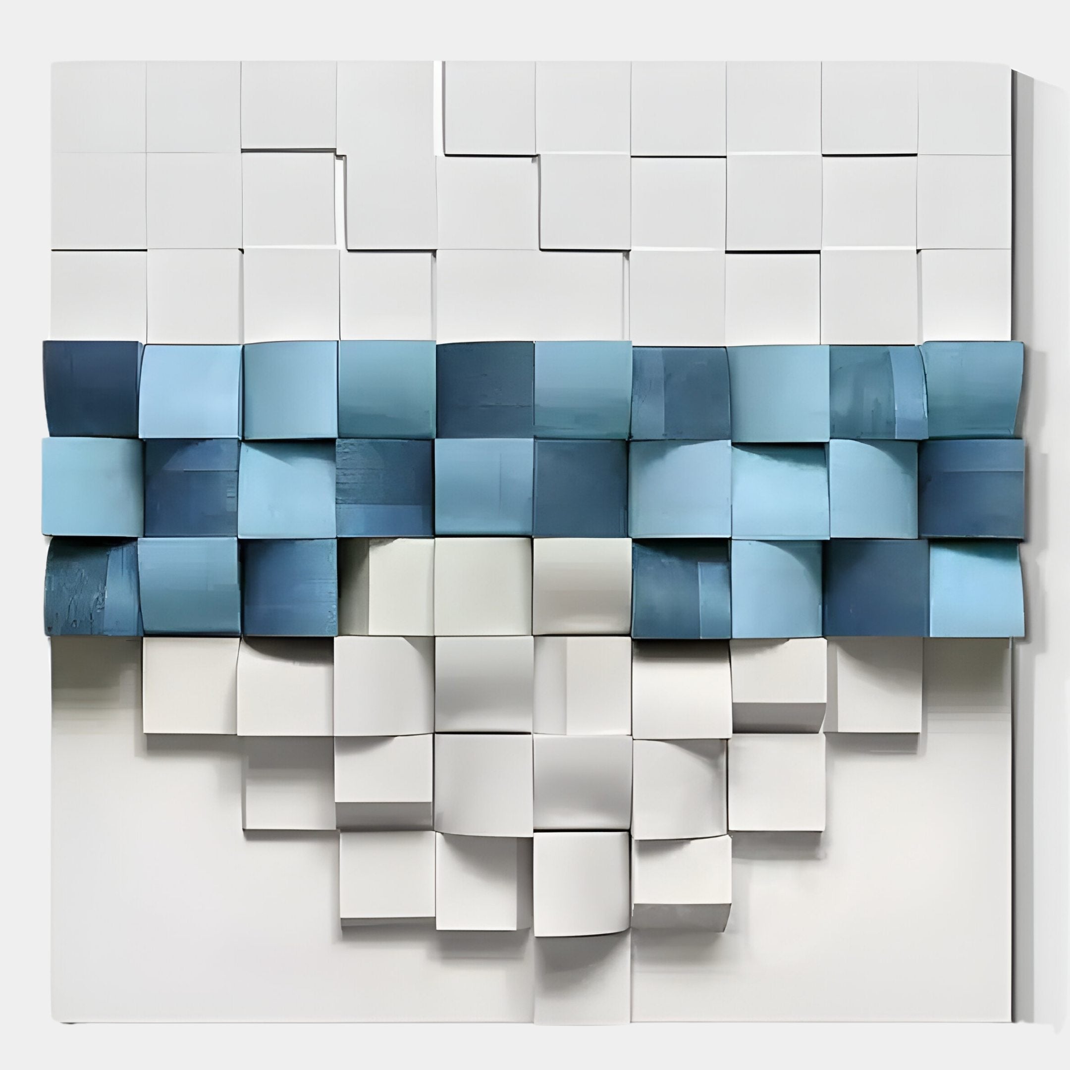 The Structura Azure Blue & White 3D Wooden Square Wall Art by Giant Sculptures features a Nordic minimalist grid of square tiles—white and off-white at the edges, with a striking azure blue horizontal band and subtle outward curves at the center.