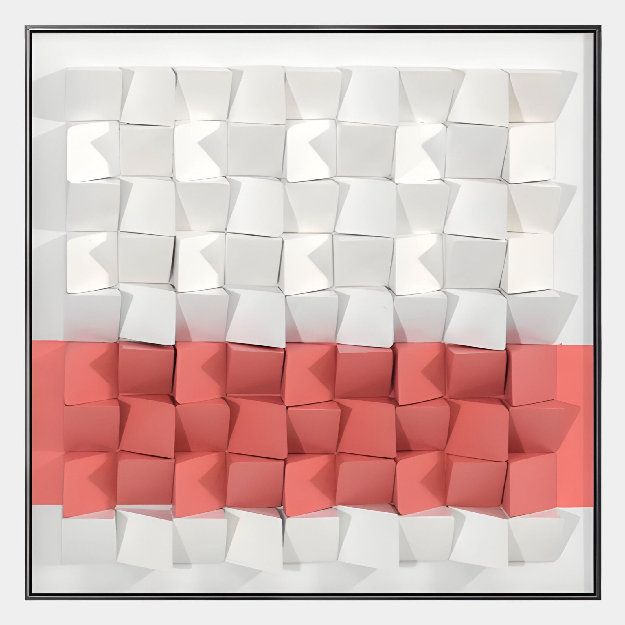A grid of white and coral 3D geometric squares in rows, with the bottom two in coral and the rest in white, all set in a sleek black frame—ideal for fans of Giant Sculptures Tessera White & Coral II Geometric Wood 3D Wall Art.
