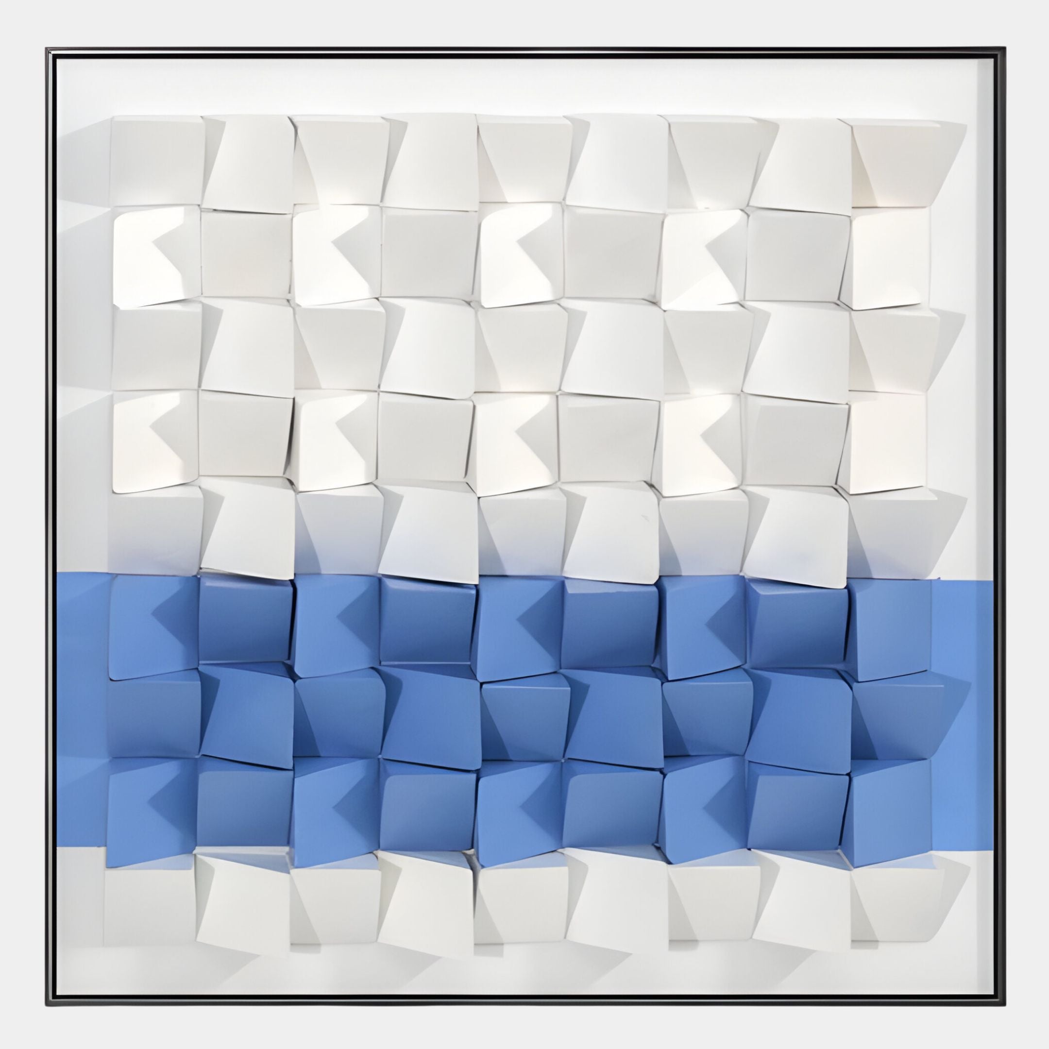 Tessera White & Blue II Geometric Wood 3D Wall Art by Giant Sculptures features a grid of white and blue cubes—with blue forming a central stripe—framed in black, creating striking 3D decor for modern interiors.