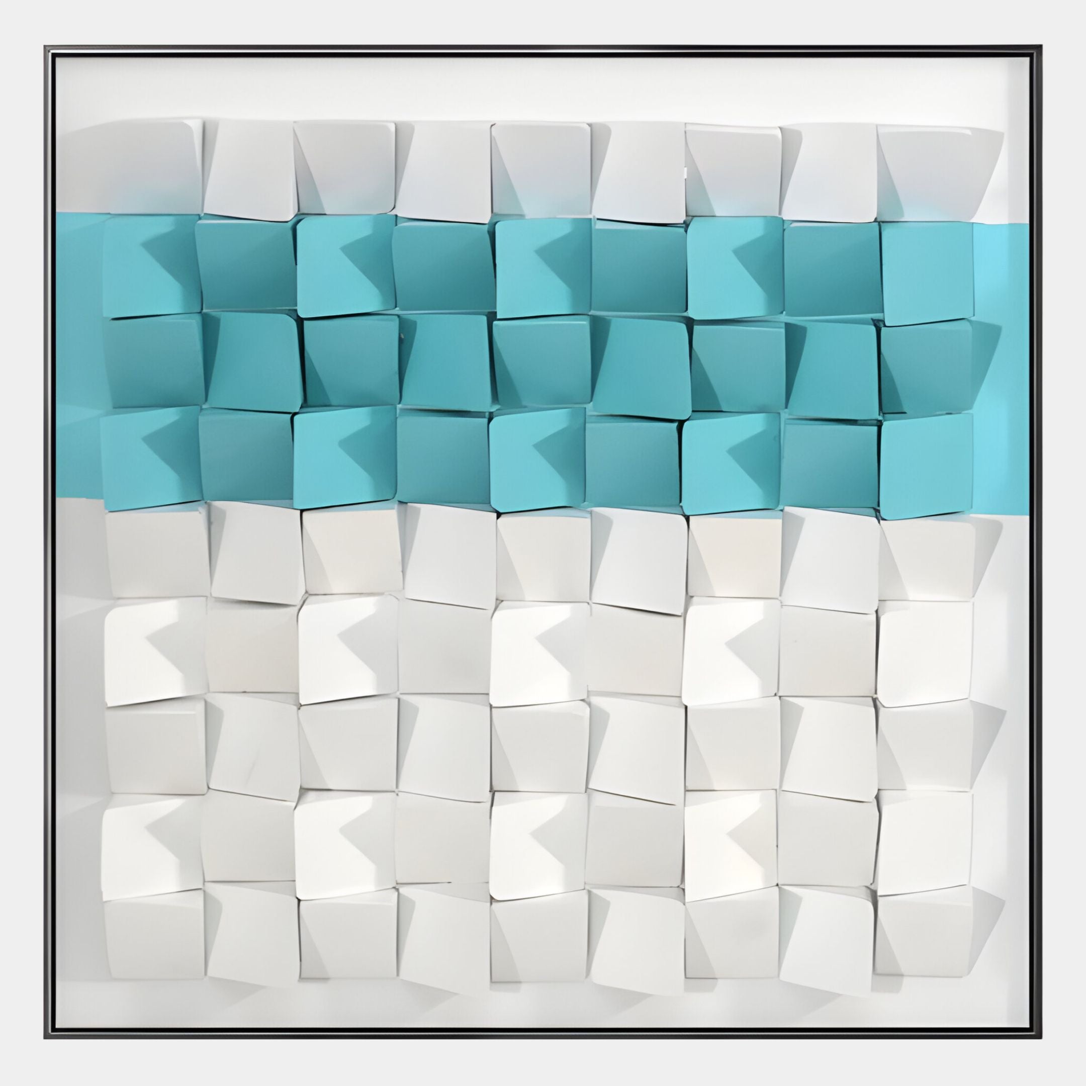 The Tessera White & Aqua I Geometric Wood 3D Wall Art by Giant Sculptures showcases 3D cube tiles—top rows in light blue, others in white—arranged neatly in a square white frame for a stylish, modern look.