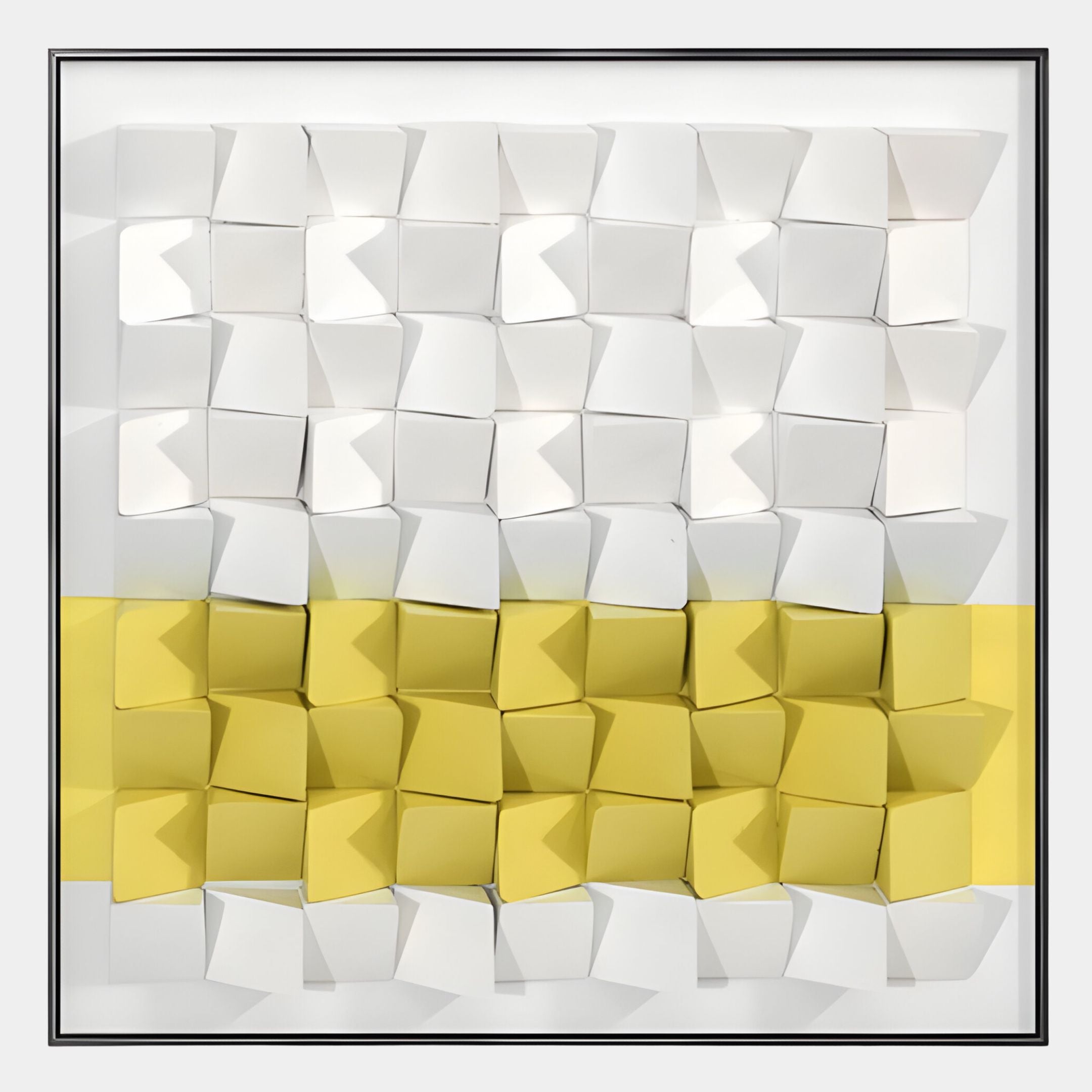The Tessera White & Yellow II Geometric Wood 3D Wall Art by Giant Sculptures features bold white and yellow squares in rows with a central horizontal yellow band, creating a striking accent for your wall.