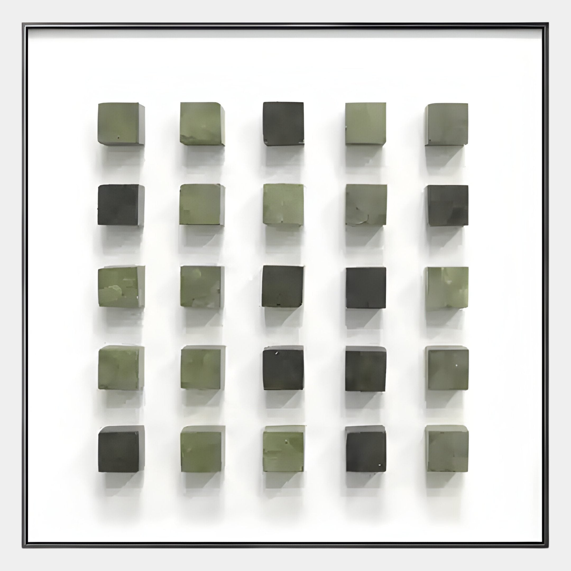 The Cubitara Green Gradient Wood Block 3D Wall Art by Giant Sculptures features five rows of five green cubes in a grid on white, each casting a rightward shadow—a stunning modern centerpiece.