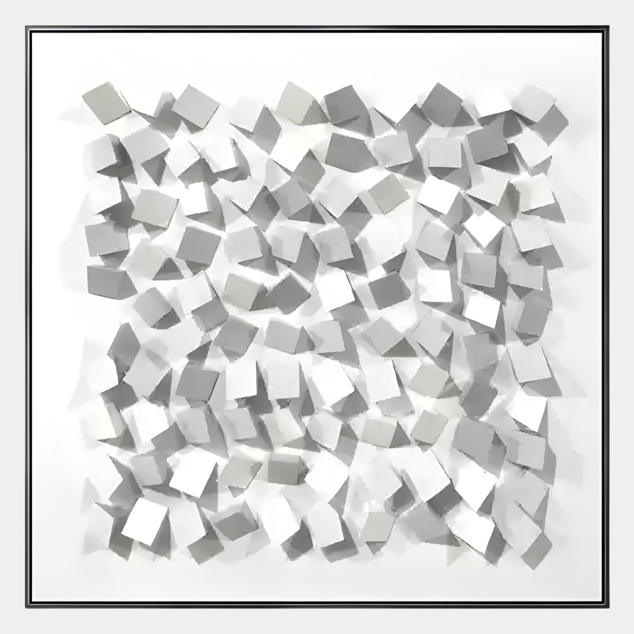 Cubitara White Abstract Wood Cluster 3D Wall Art by Giant Sculptures features white 3D squares at varied angles on a white background, casting bold shadows—an ideal modern accent, elegantly framed in black.