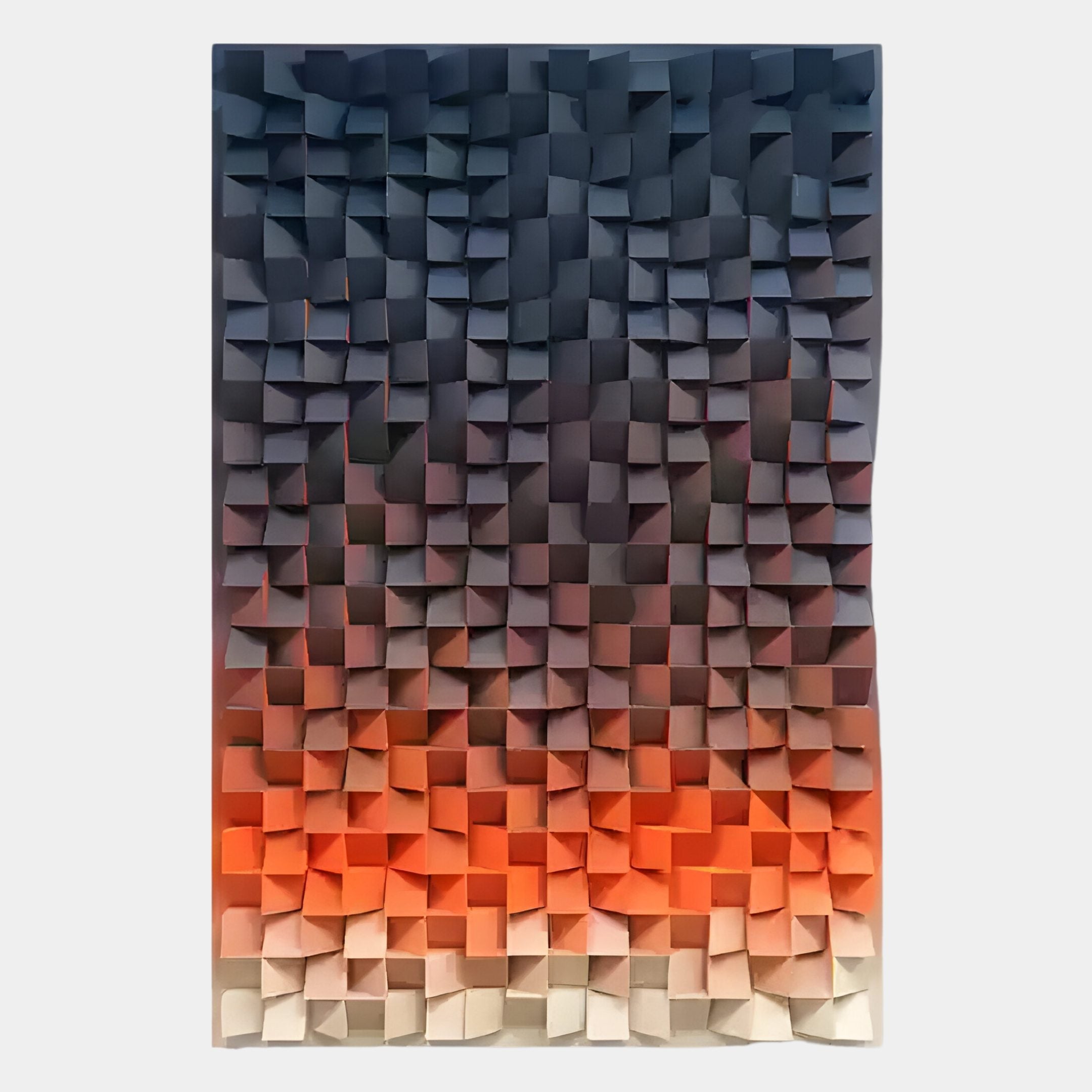 The Stratiform Twilight Hue Wood Mosaic 3D Wall Art by Giant Sculptures features layered, square pine panels in a grid, blending dark blue, gray, orange, and light beige for a stunning gradient mosaic effect.
