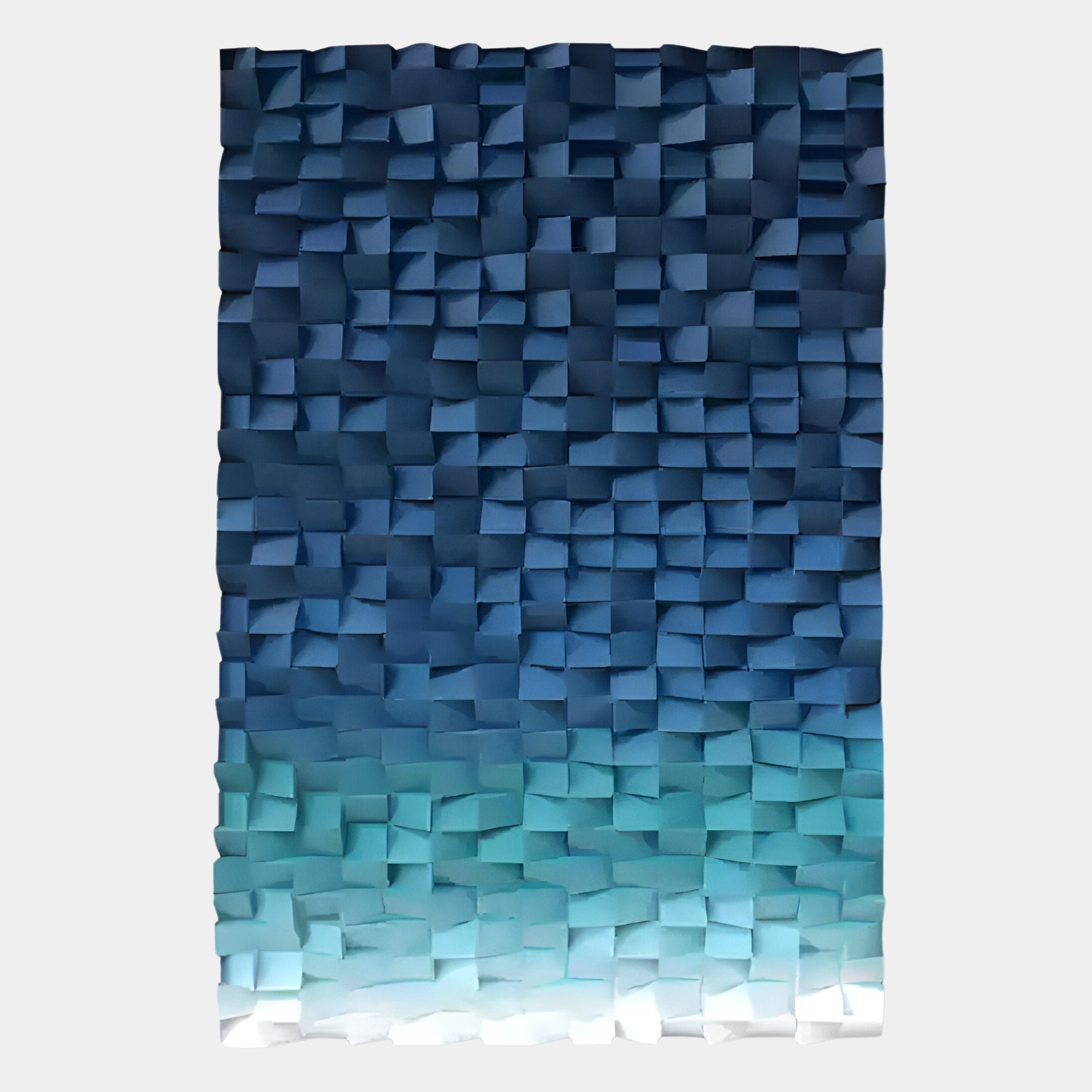 The Stratiform Oceanic Blues Gradient Wood Mosaic 3D Wall Art by Giant Sculptures features small, square wooden tiles in a wave-like gradient from dark blue to turquoise and white, bringing textured, oceanic dimension to your space.