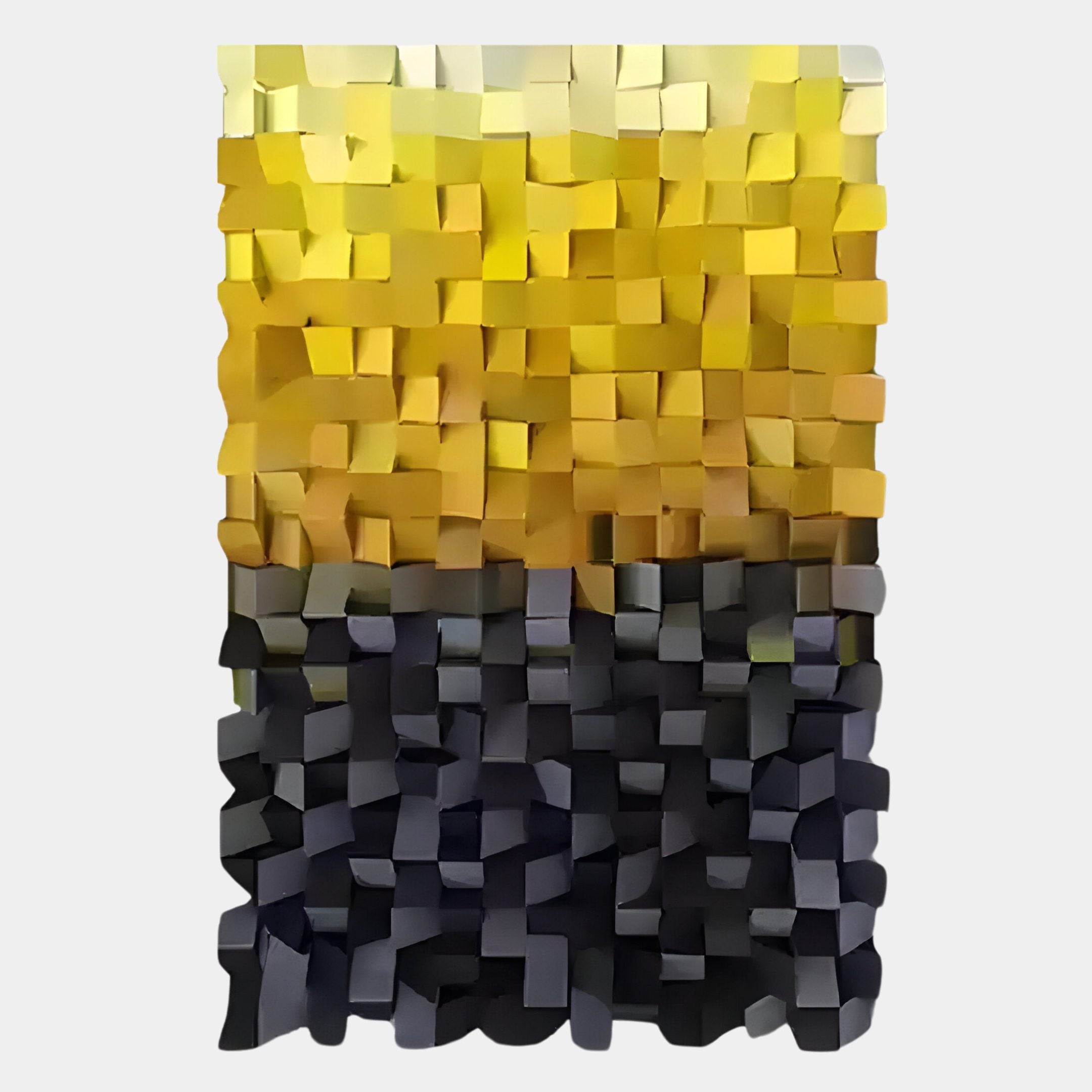 The Stratiform Golden Glow Ombre Wood Mosaic 3D Wall Art by Giant Sculptures features pine wood blocks in a grid, with a golden glow ombre on top that fades into dark grey and black, creating a bold gradient effect.