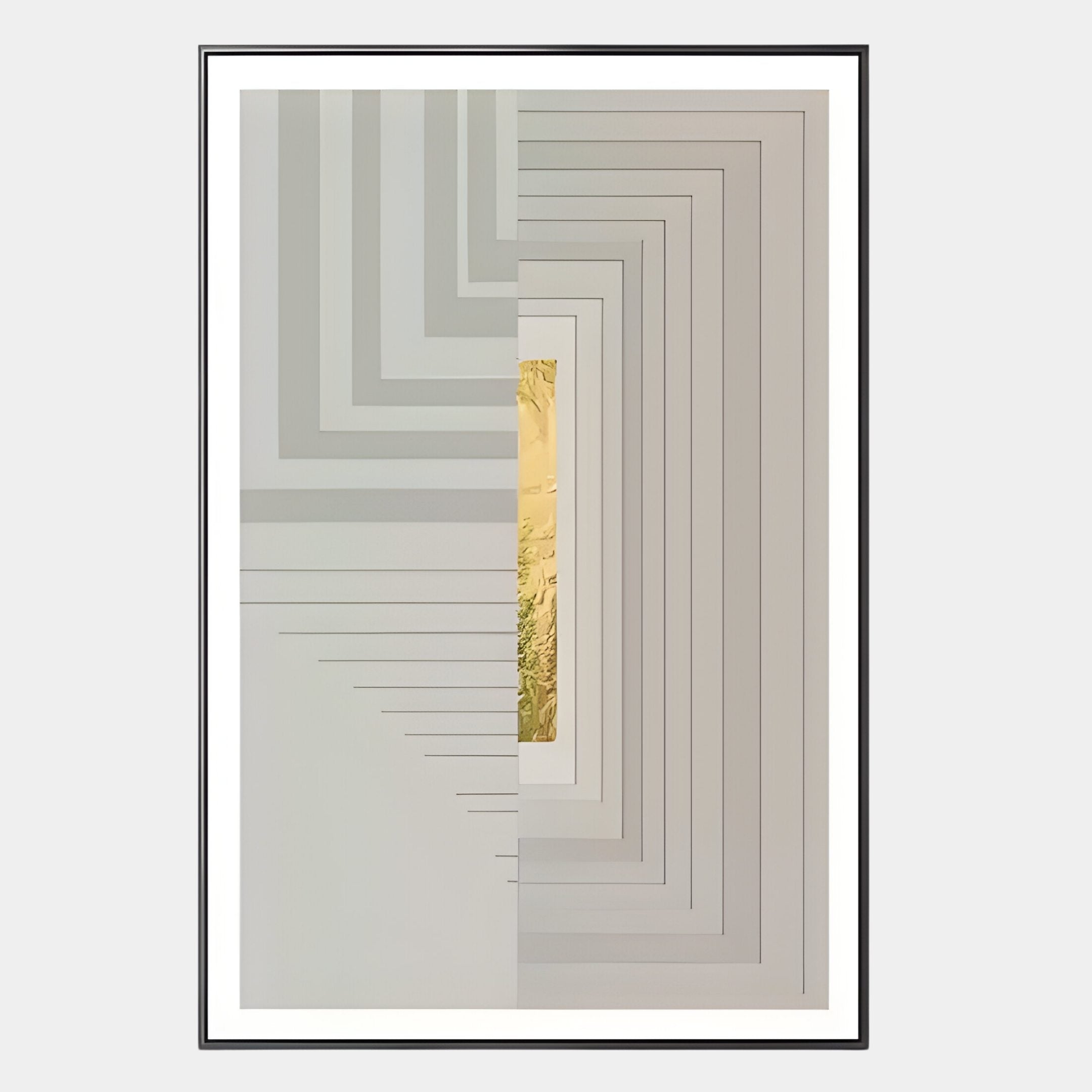 The Striato Dove Grey 3D Wooden Wall Art With Gold Accent by Giant Sculptures features abstract parallel lines forming stepped rectangles in dove grey and dark grey, divided by a central gold accent and framed with a white margin for depth.