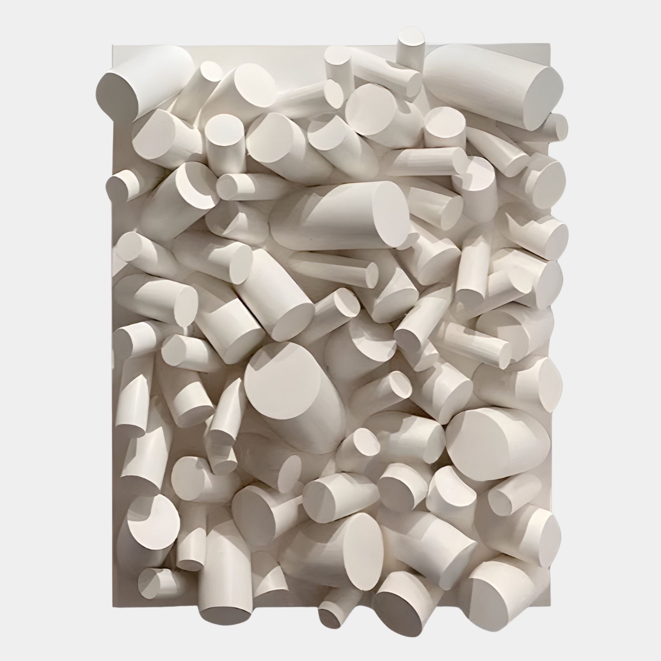 The Forme I Cream Wood Cluster Abstract 3D Wall Art by Giant Sculptures features densely packed white cylinders of varying sizes, creating a striking wabi-sabi style focal point for your wall.